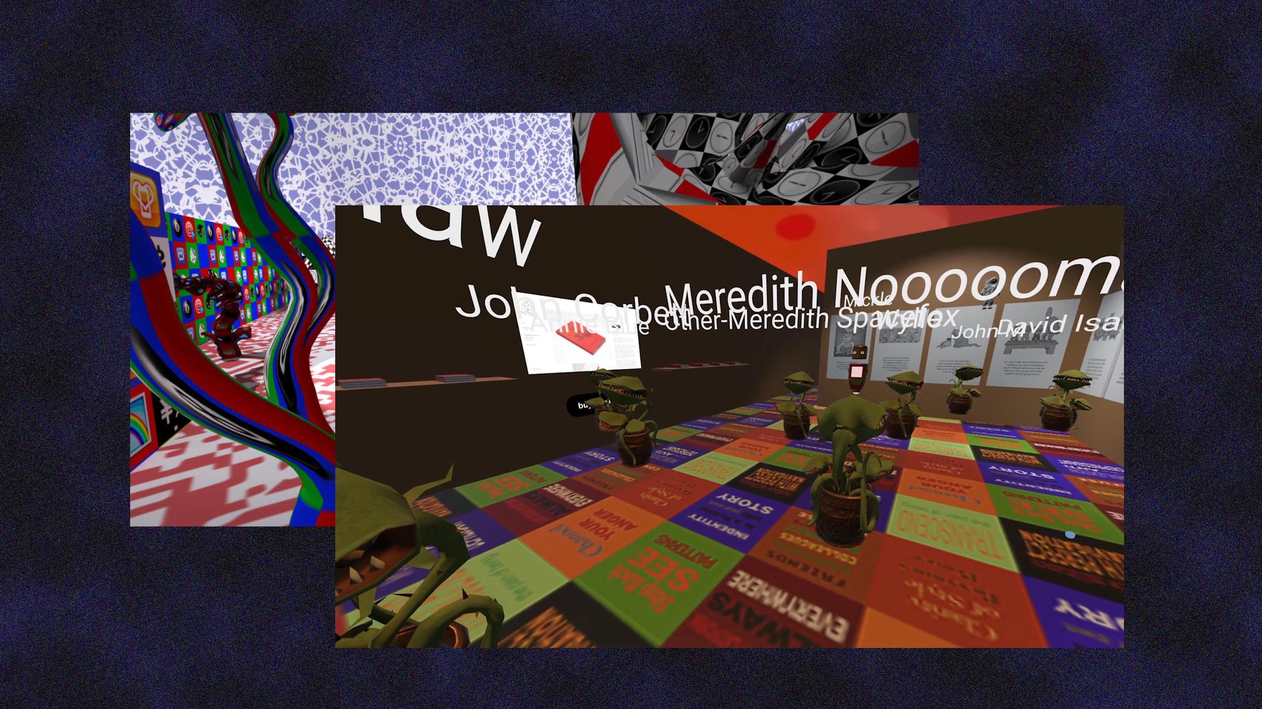 A digital room with colorful tiles of text on the floor and words in white text floating above