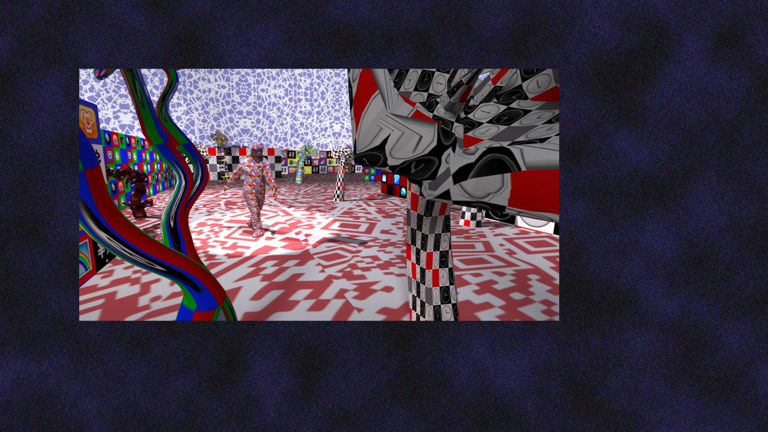 A colorful, digital landscape of trees and walls with a figure walking through