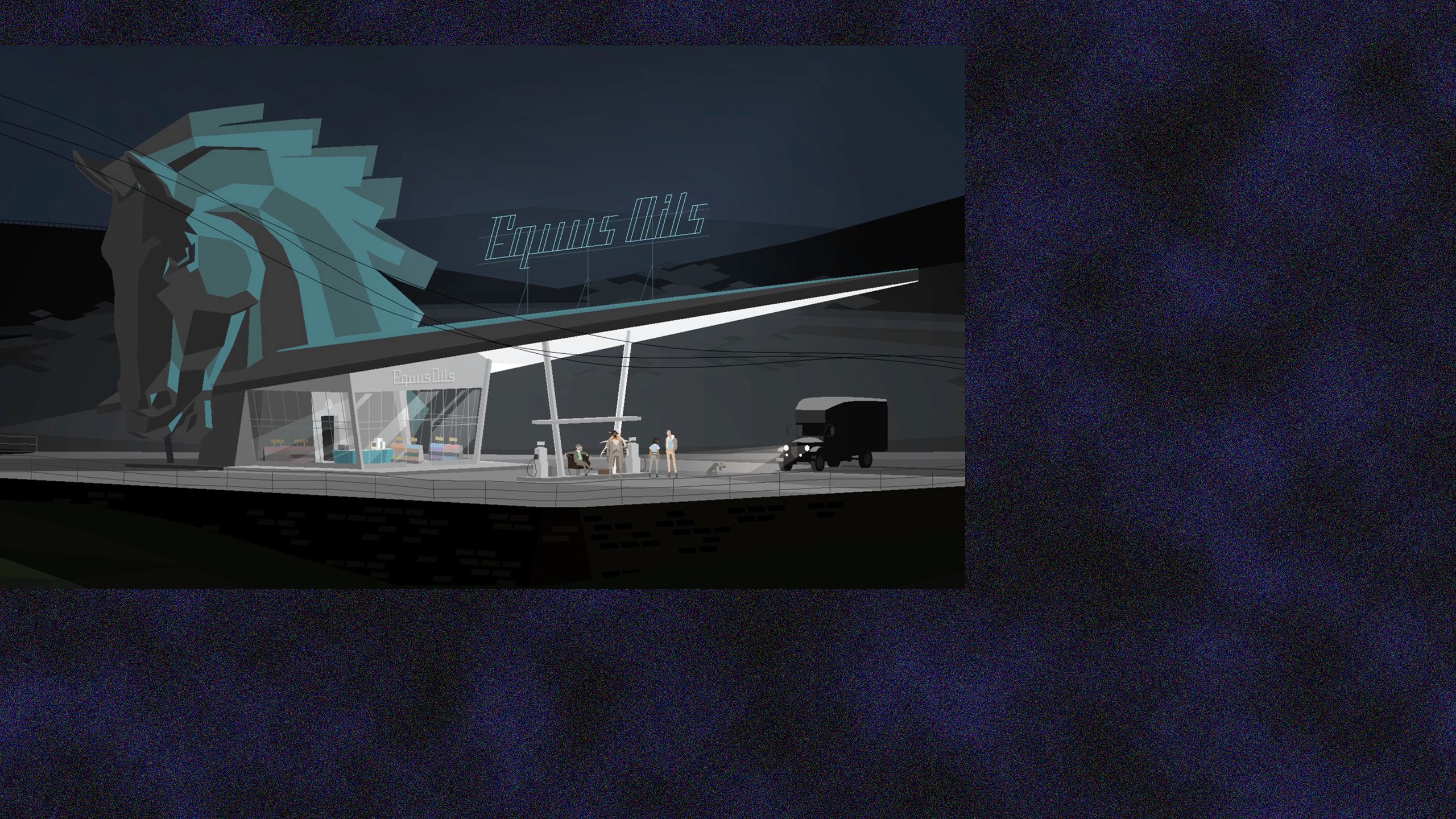 A video game still of a truck parked in front of a gas station