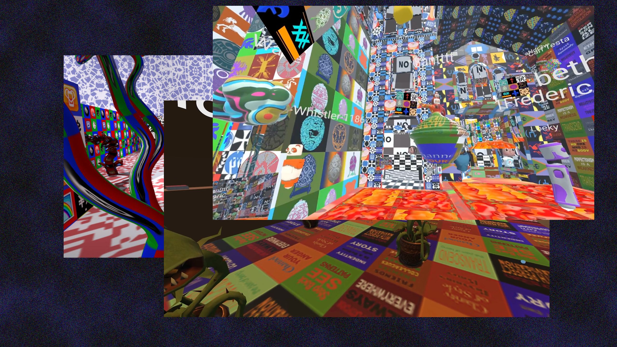 A frenetic, brightly colored room of objects and different patterns tiling the walls