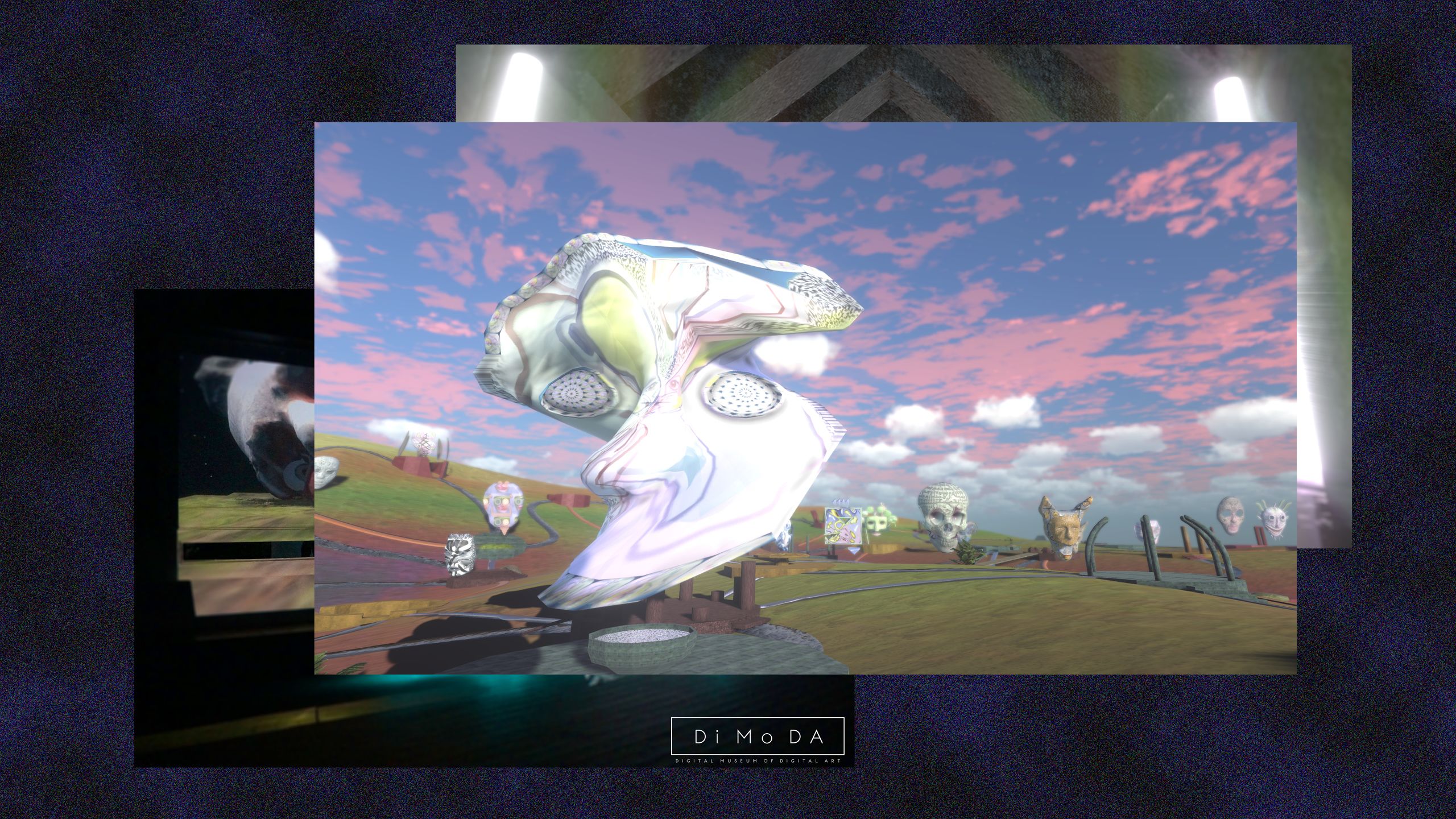 A digital still of a warped, white, surreal face in a field of sculptures