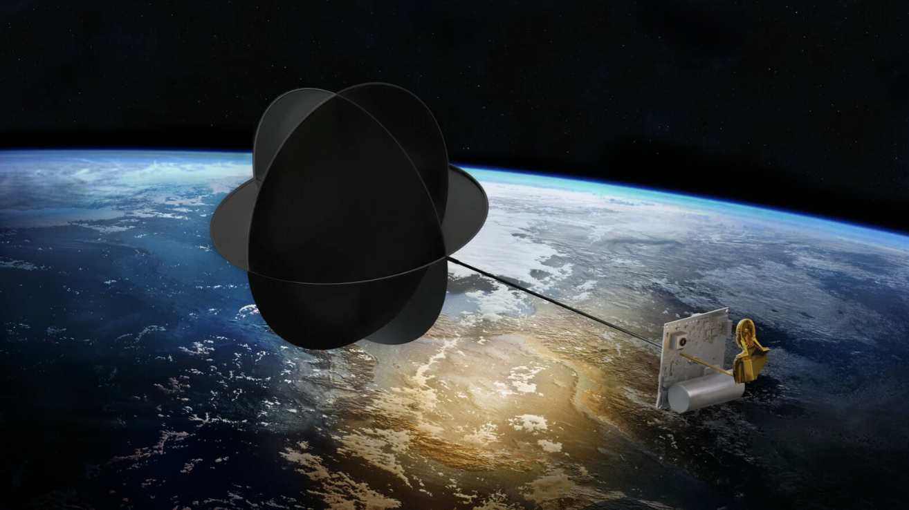An artwork floats in space above Earth