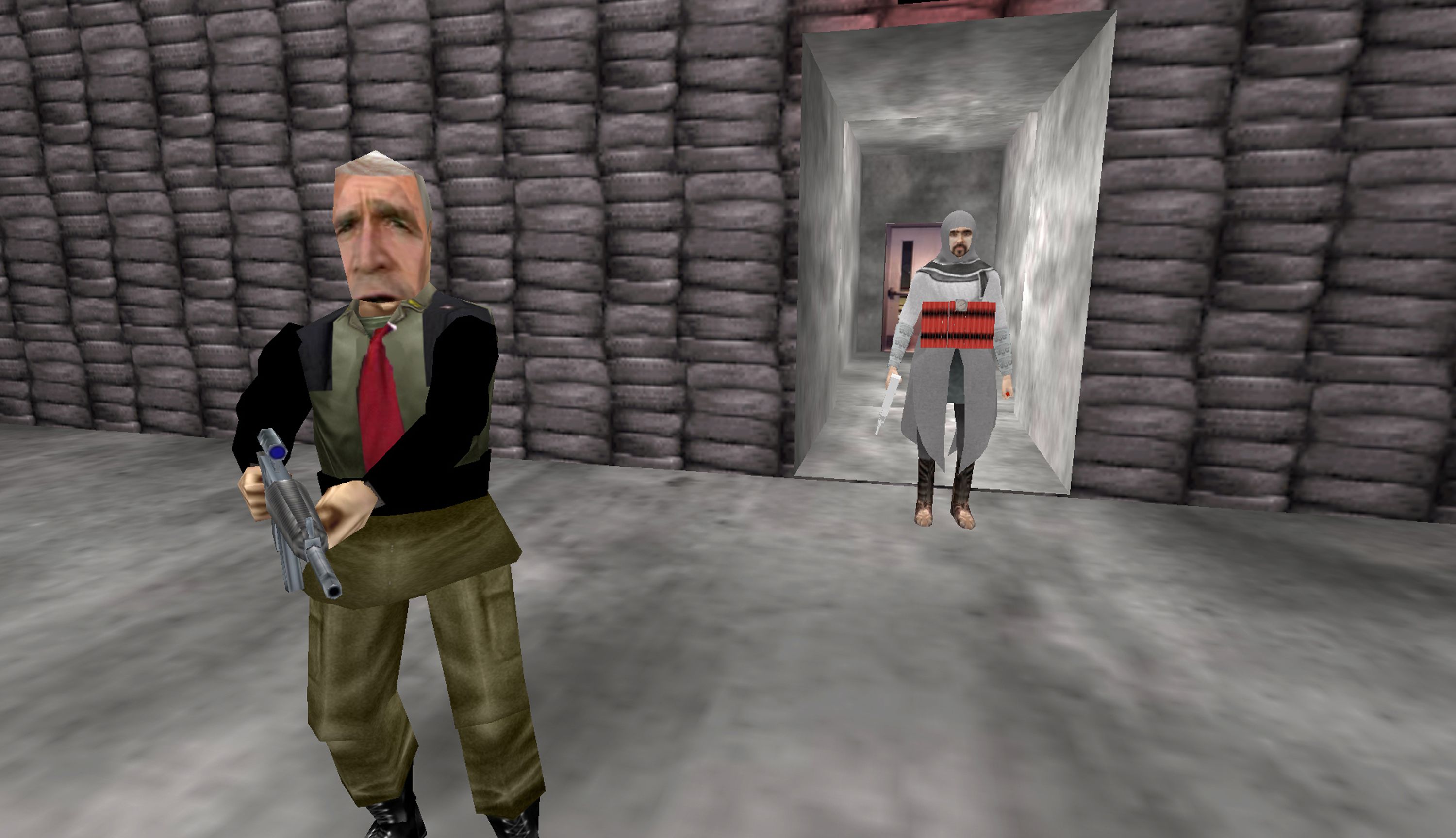 A video game still of a knight-like figure and a President Bush avatar