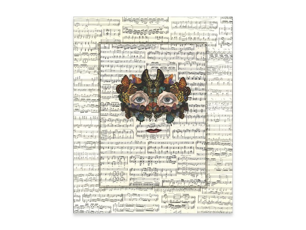 A face collaged over sheet music
