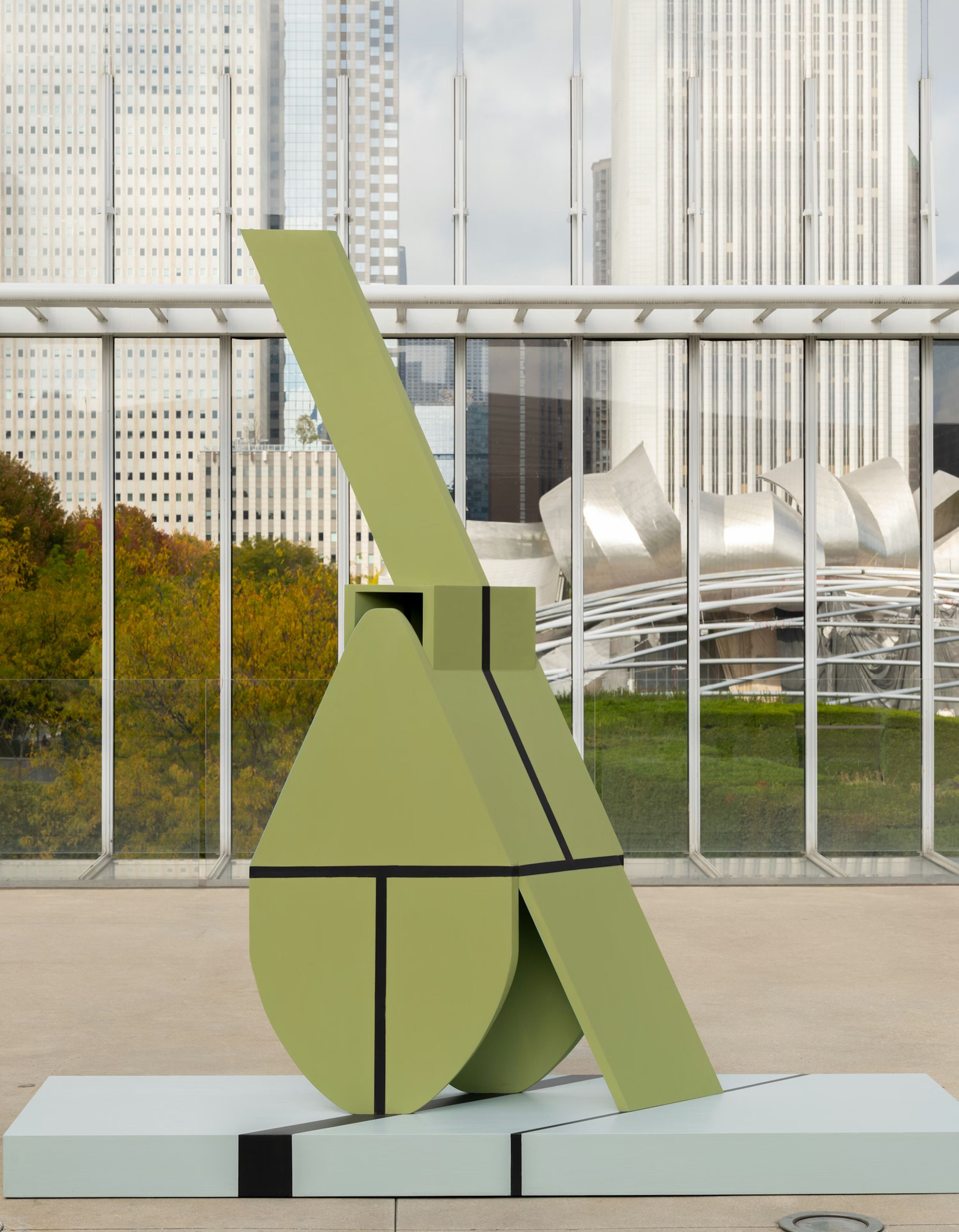 A green sculpture on the roof of the Art Institute