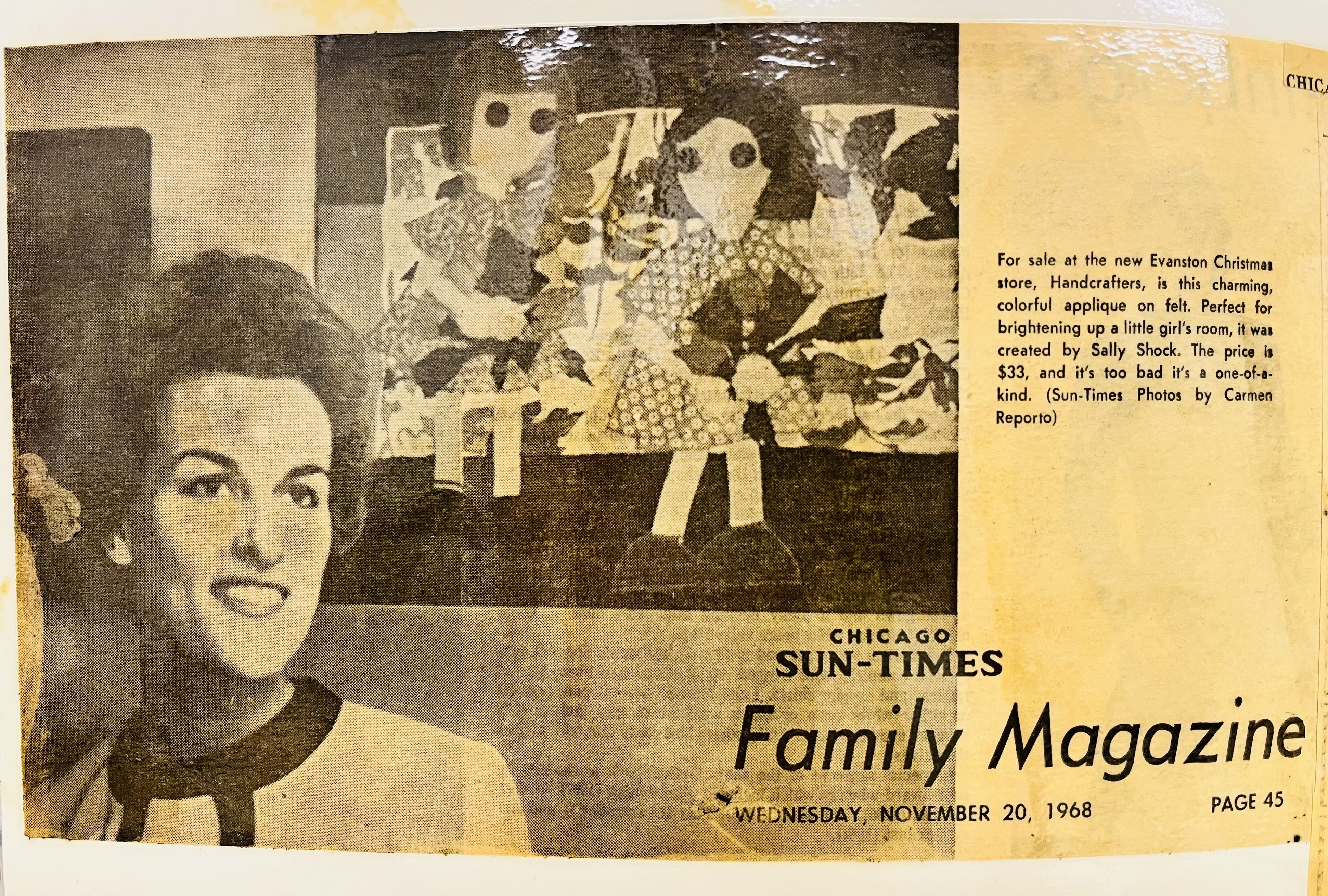 A newspaper clipping with a photograph of a woman and a craft project