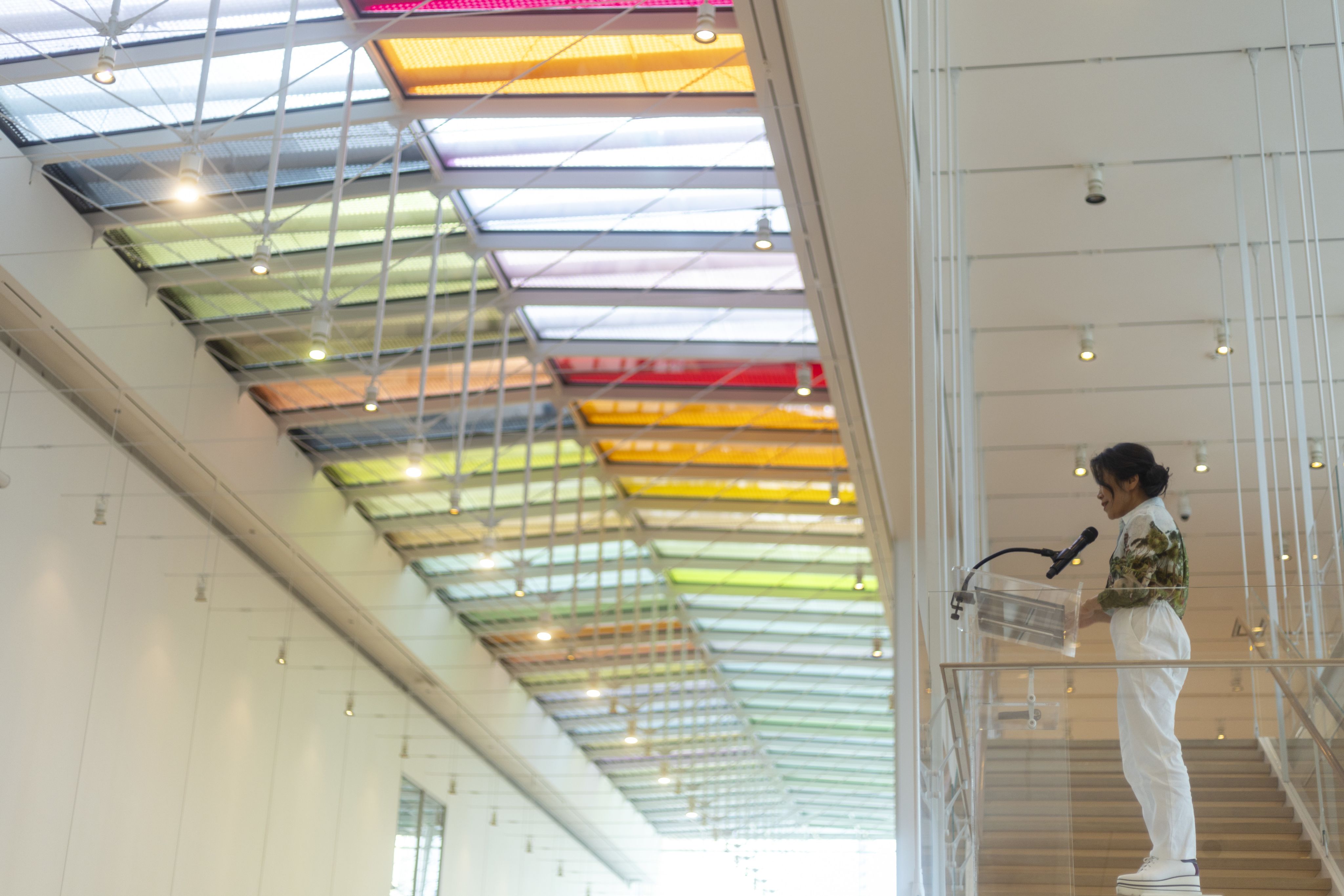 Jiseon Lee Isbara stnds in the Art Institute Modern Wing hallway 