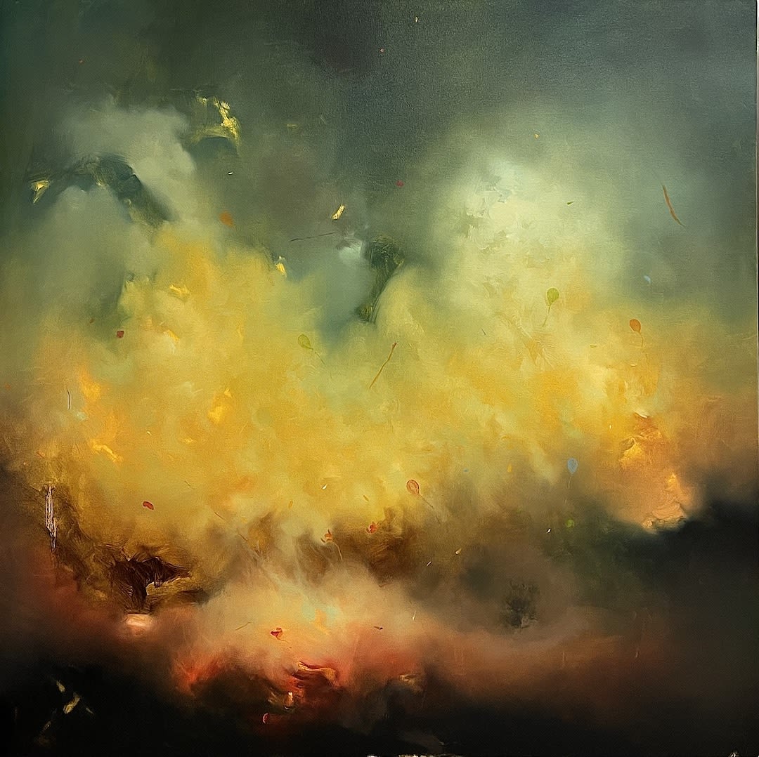 Yellow, orange and green abstract painting with small balloons and kites floating around.