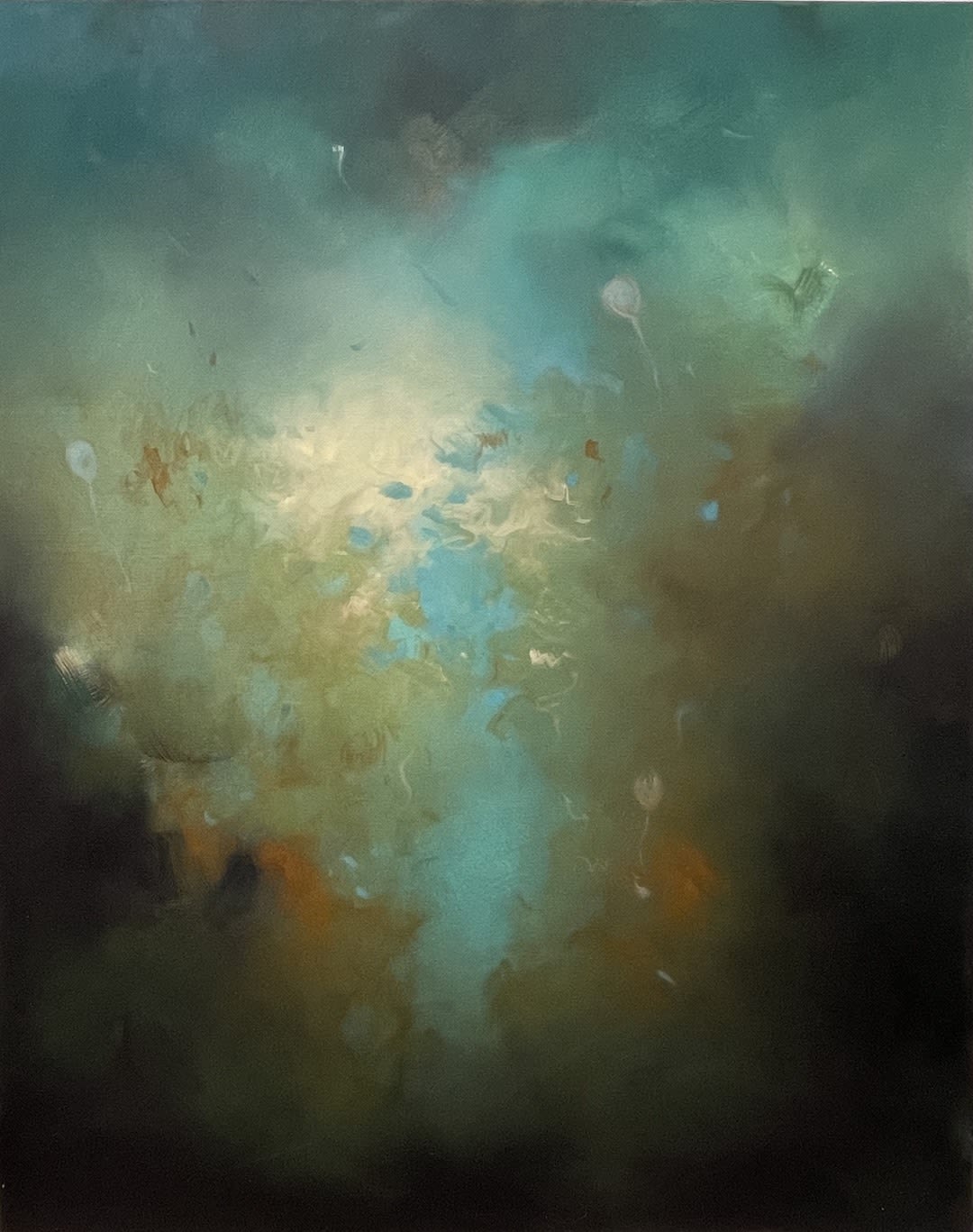 An oil painting of balloons in a cloudy sky