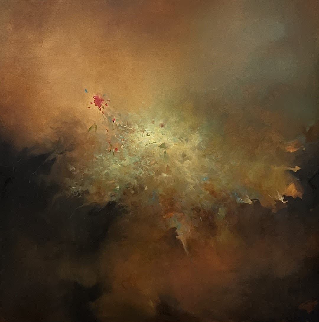 Yellow, orange, green and light blue abstract painting with small balloons and kites floating around.