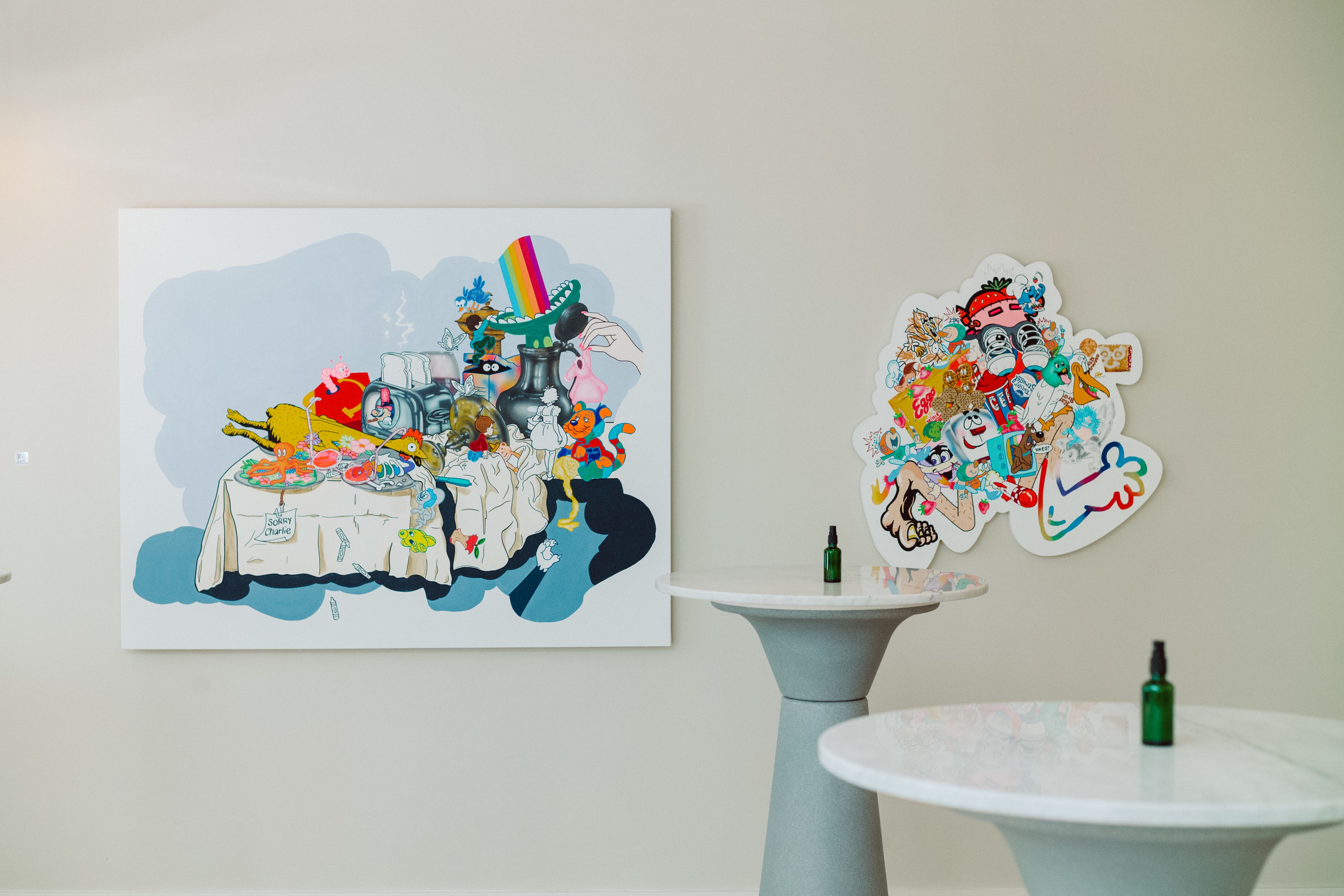 Big canvas with 90s cartoon inspired artwork.