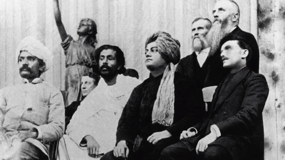 Swami Vivekananda onstage at the World’s Parliament of Religions