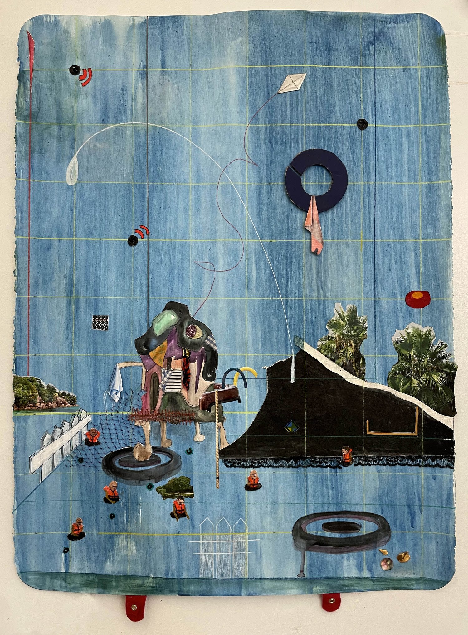 A multimedia artwork with a blue background