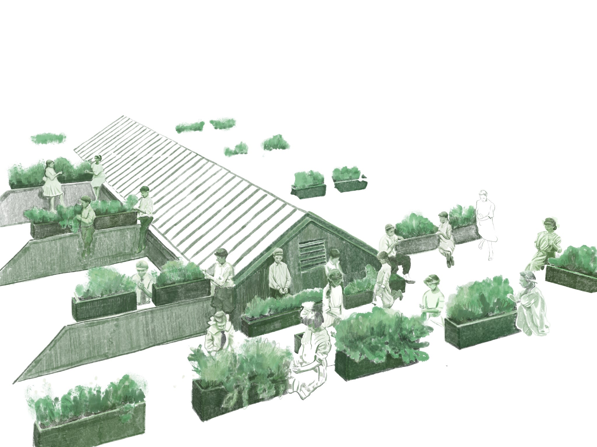 Wallpaper design featuring people at a greenhouse