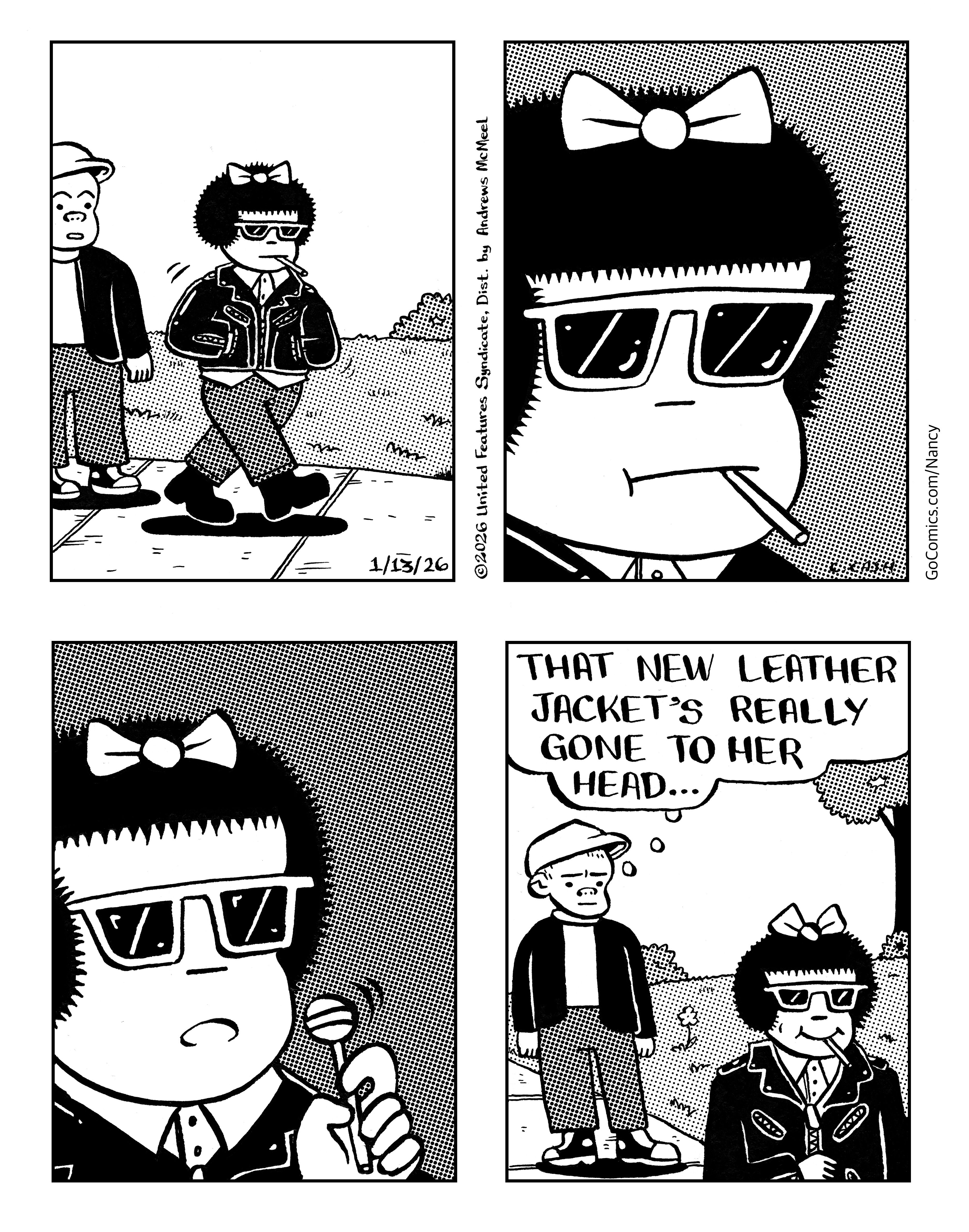 a 4-panel comic of Nancy wearing a leather jacket