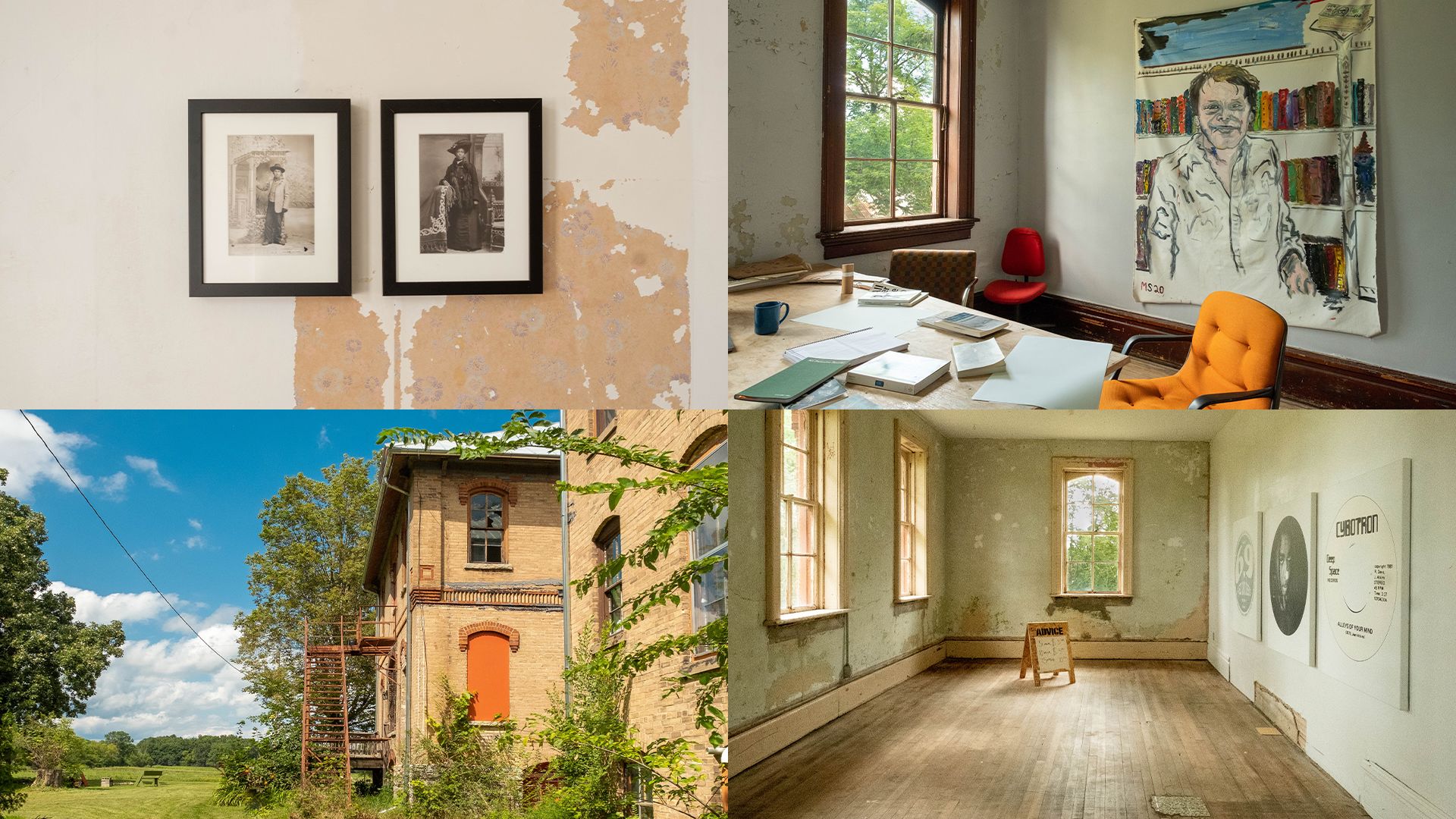 A collage of four images: framed photos, art on a wall, the exterior of Poor Farm, a room with artwork 
