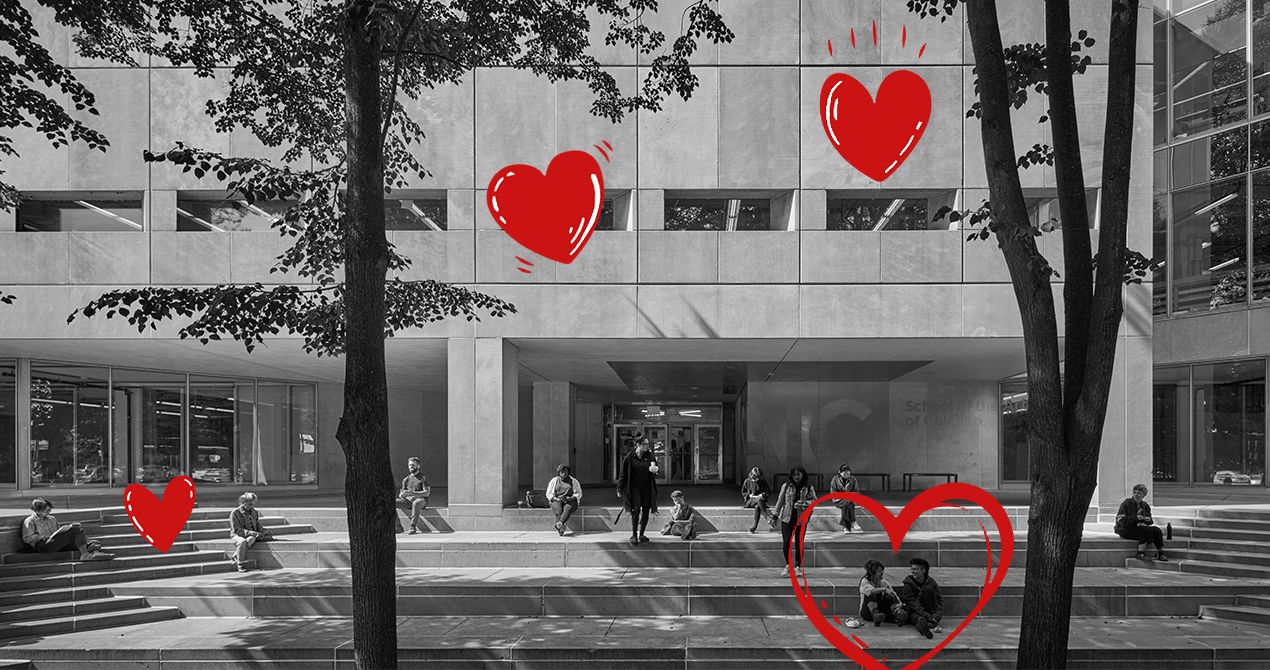 An image of the 280 Building with hearts drawn on it