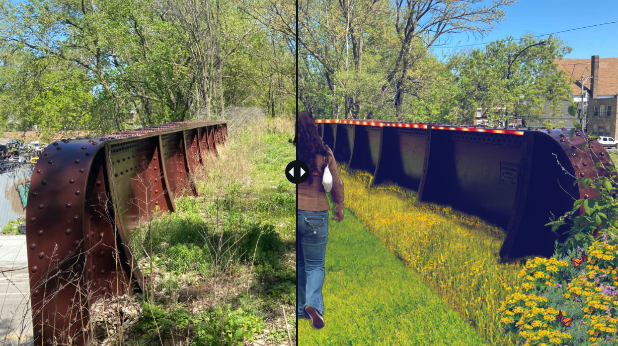 A divided image, where one side is an overgrown train track and the other is a manicured rendering of the same green space