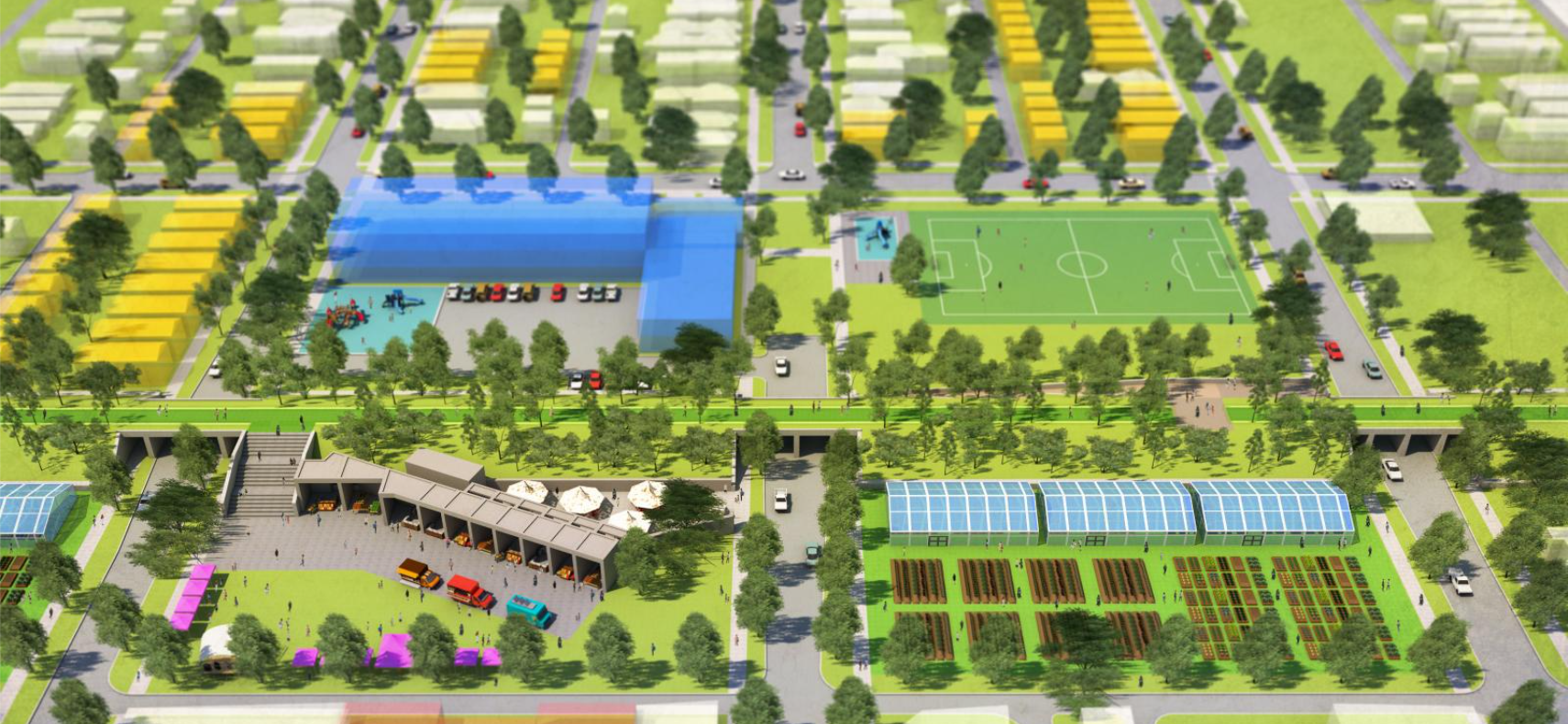 A computer rendering of a green area with facilities like a soccer pitch and a farm