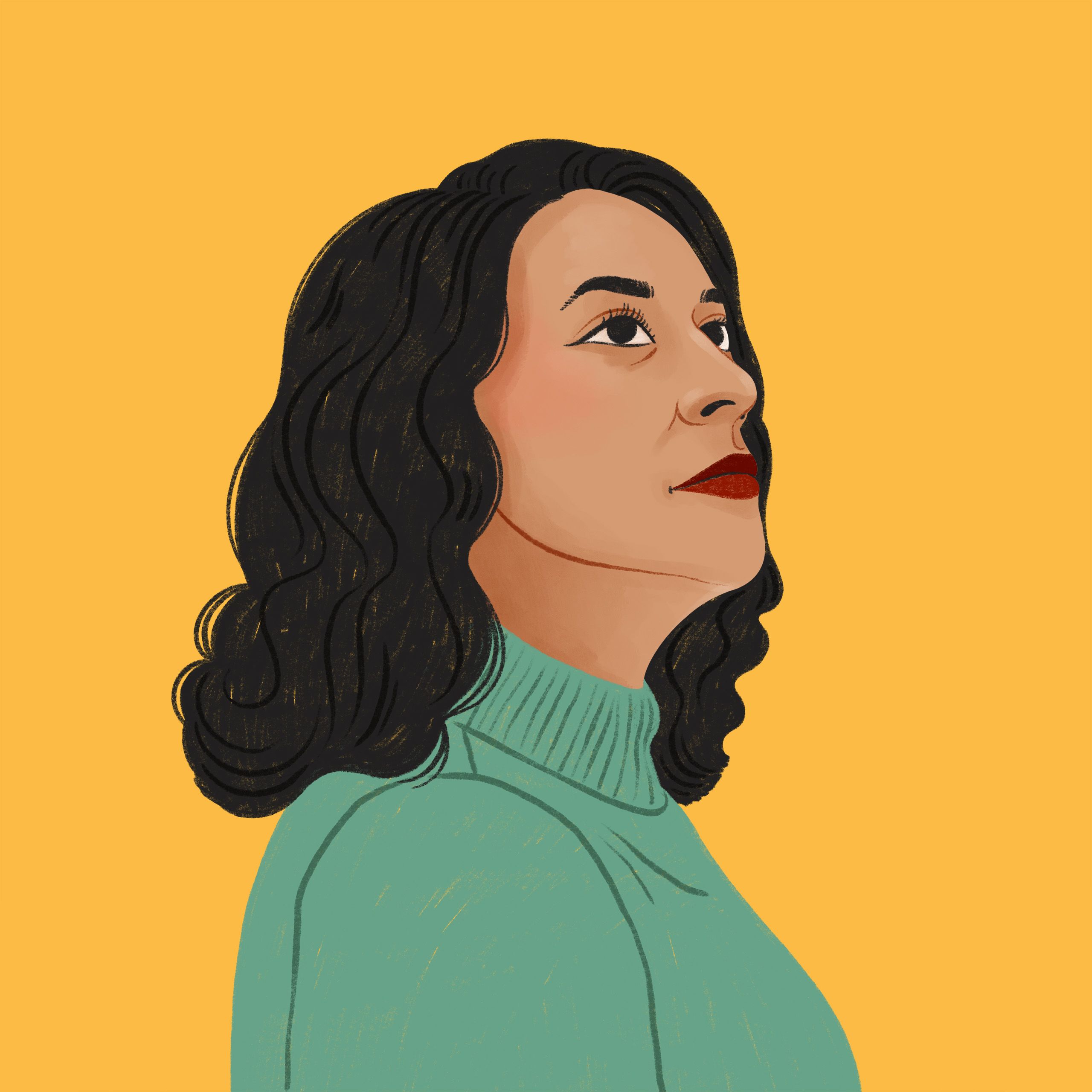 An illustration of a student in a green turtleneck