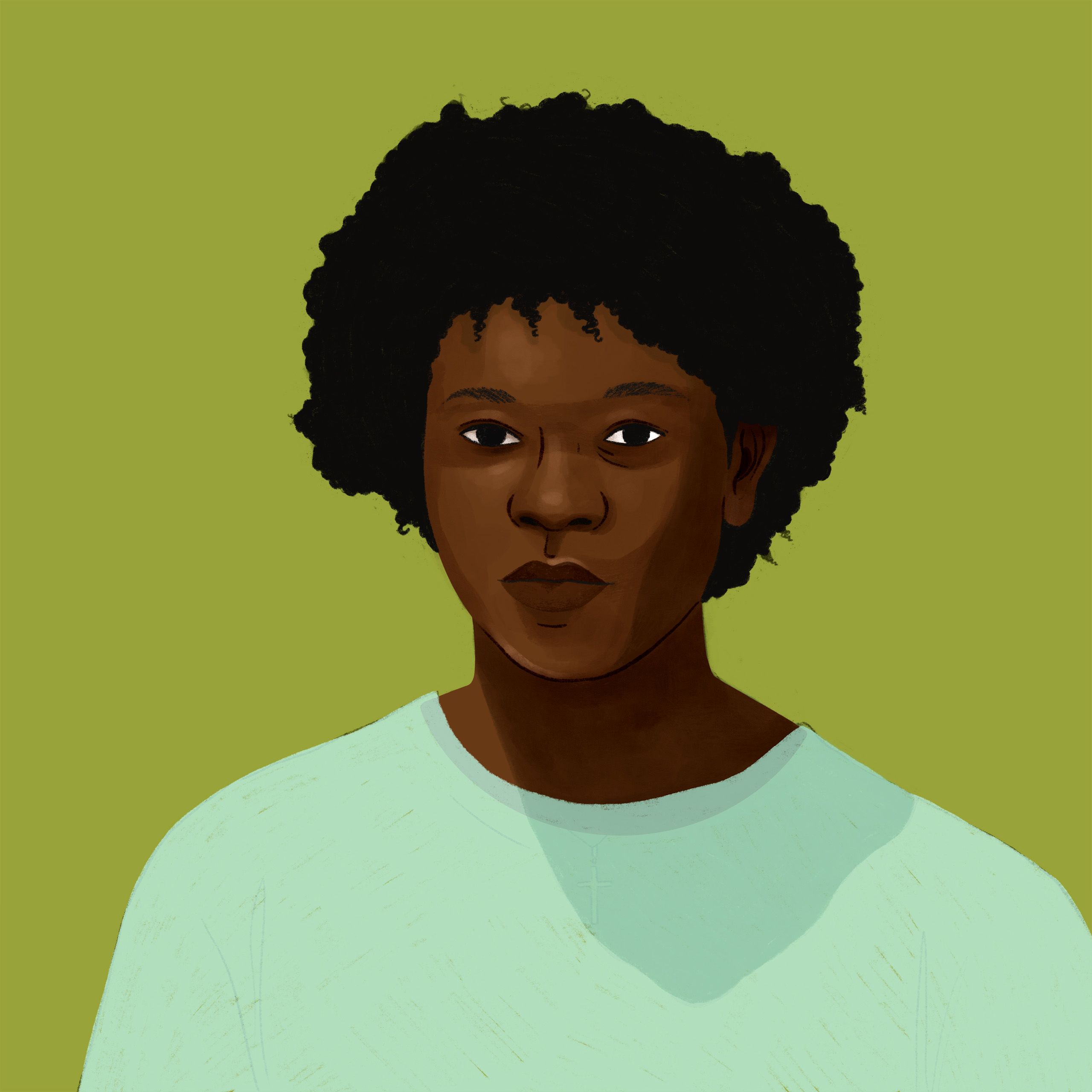 An illustration of a student with black hair in a light green shirt