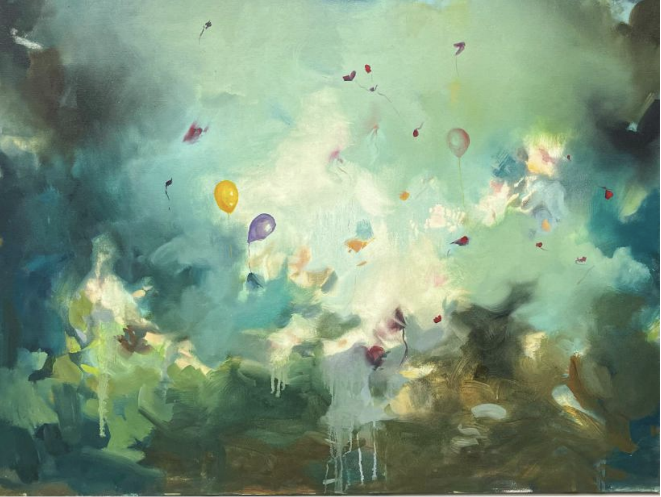 A group of balloons float upwards through a cloud-like blend of blues, greens, and browns. Some balloons remain intact, some are in the midst of popping, and some drift downwards in small, tattered pieces.