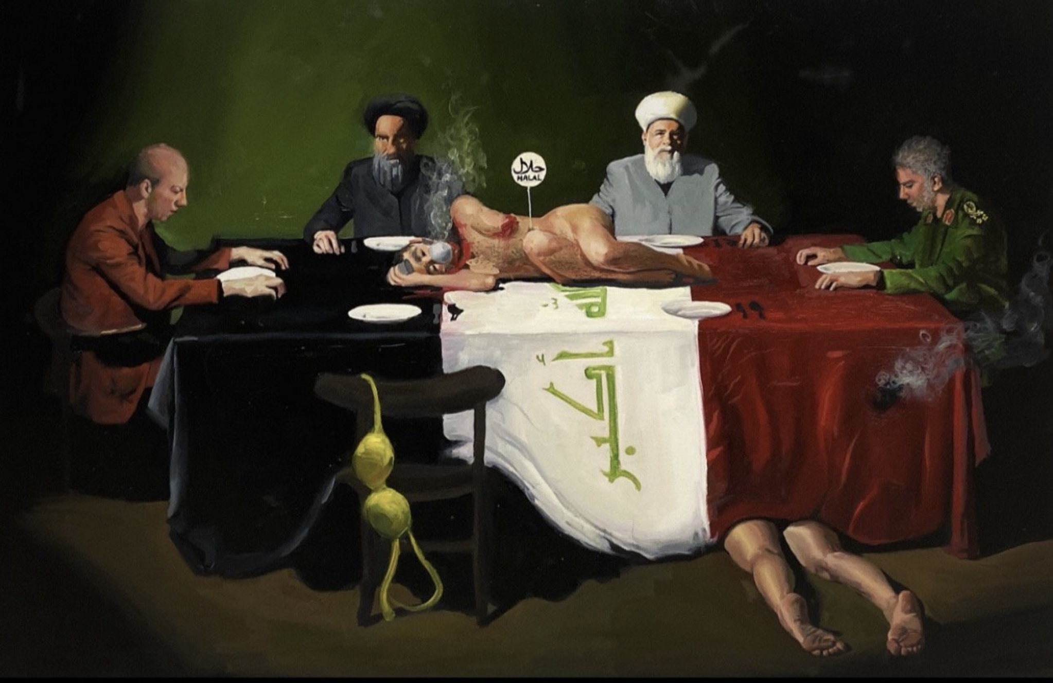 Members of the Shia and Sunni clergy, a politician for the Iraqi government, and Qassem Soleimani, the ex-commander of a division in the Islamic Revolutionary Guard Corps, sit around a human body placed on a dinner table.