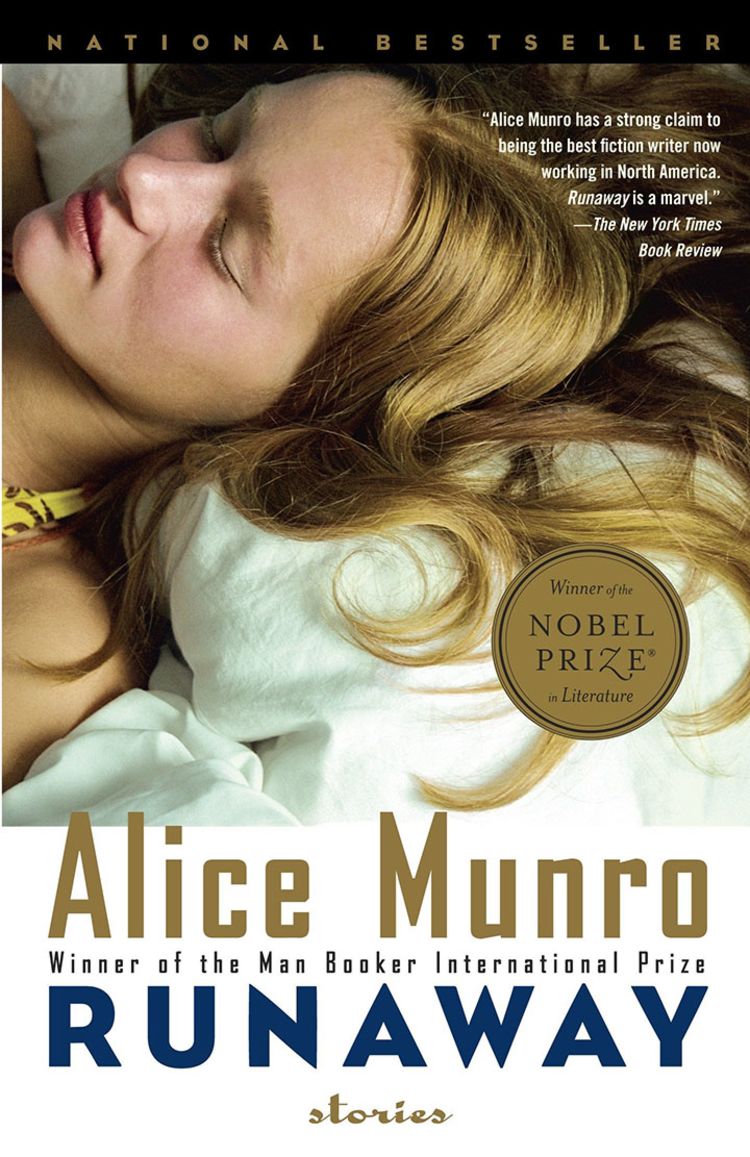 The cover of Runaway by Alice Munro. The cover features an image of a girl laying down. At the bottom of the cover, the title and author's name appear in gold and navy colored text.