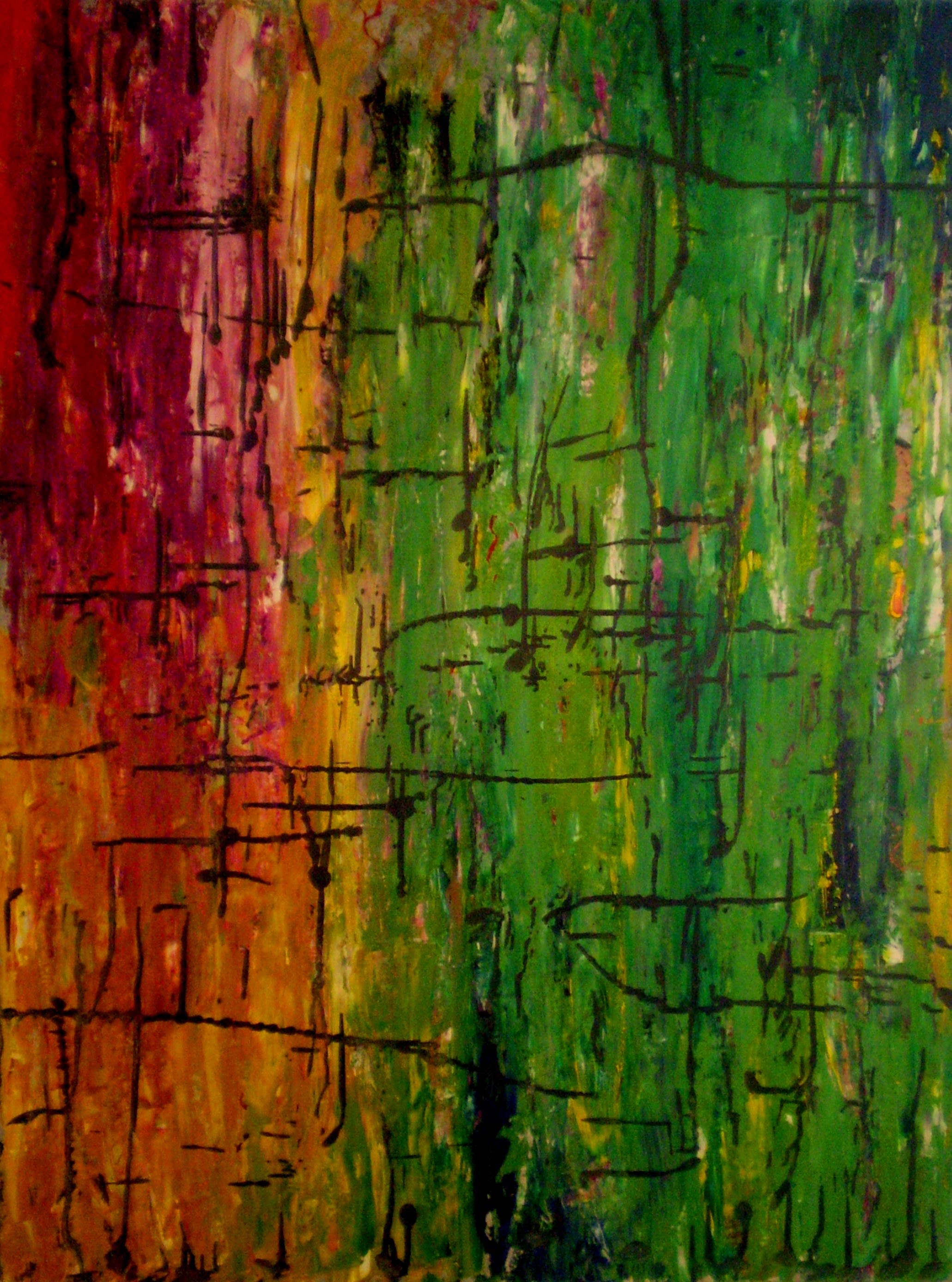 An art piece that looks like colorful wood bark