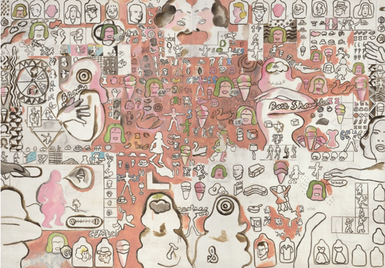 An oil painting of hieroglyphic-like symbols, including ice cream, bottles, faces, body shapes, food, and more. The dominant colors used are pink and white.