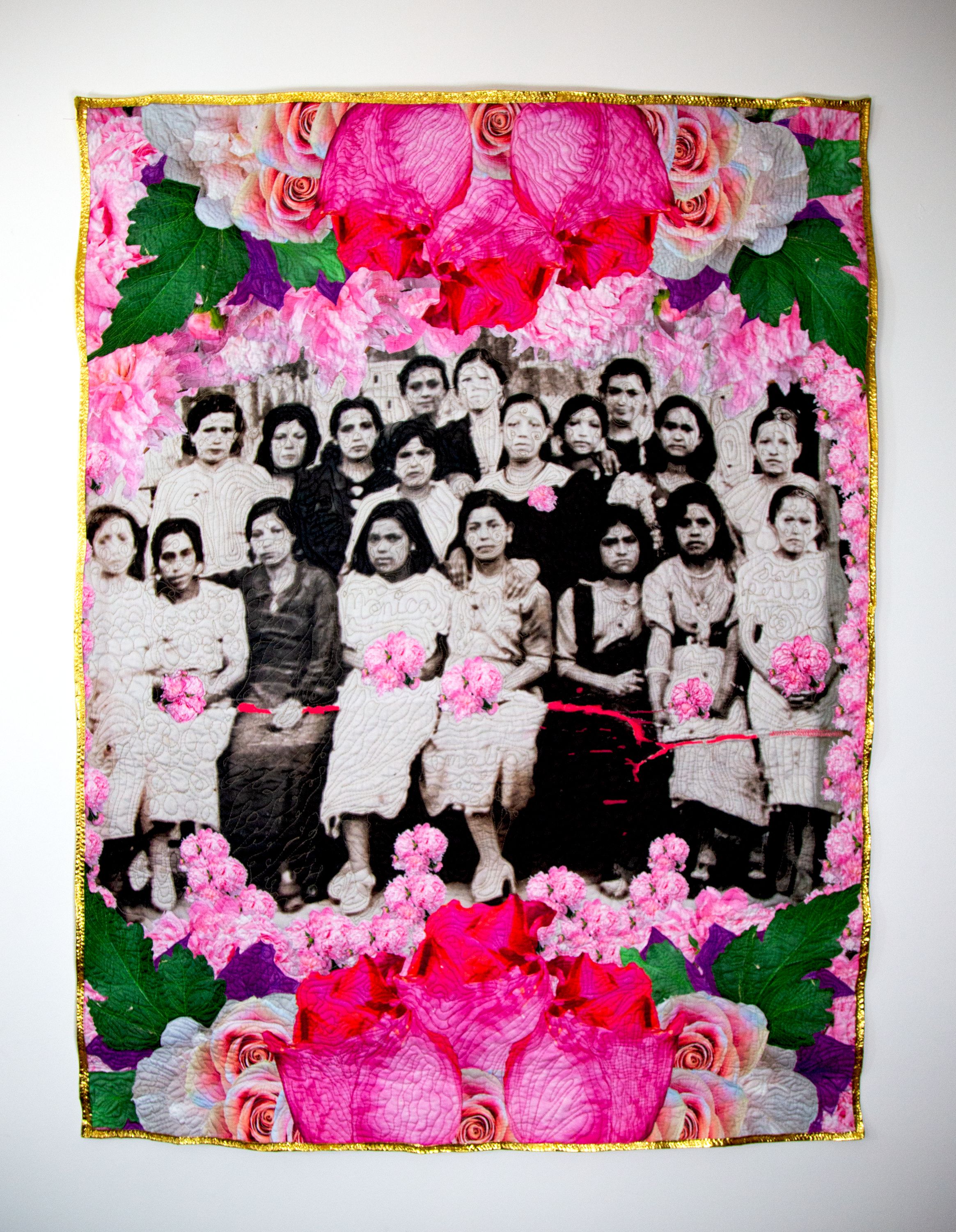 A photo of a group of women embroidered with pink flowers and green leaves.