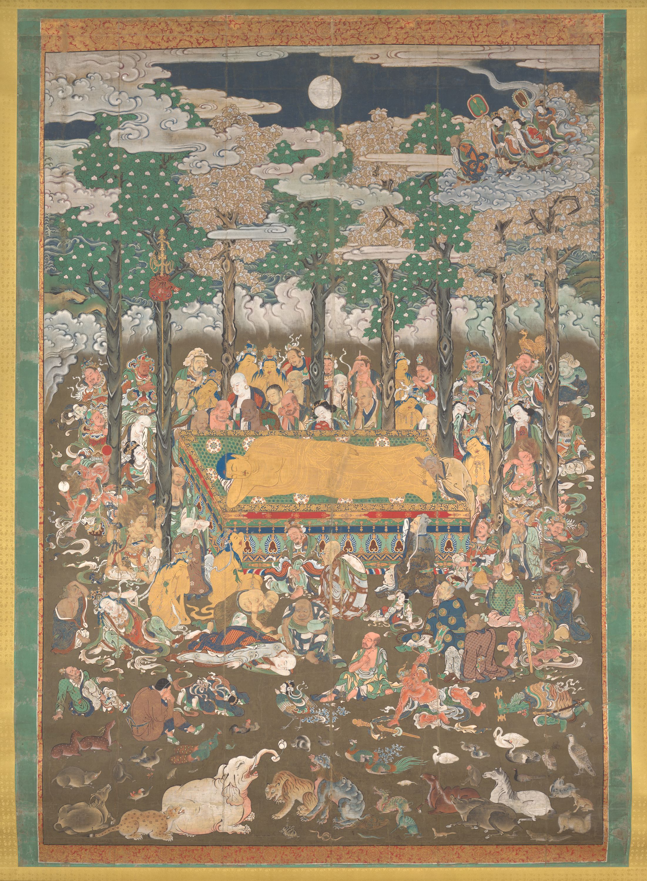 A textile piece featuring the buddha surrounded by people in a forest.