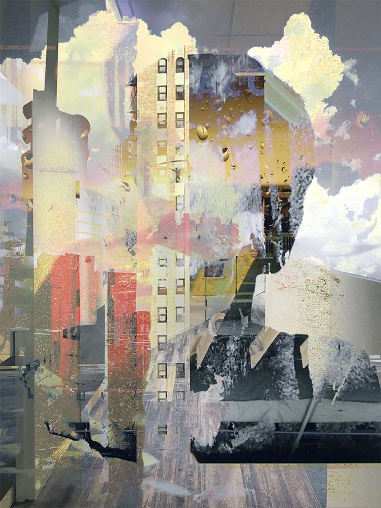 An art piece of buildings and clouds with a figure superimposed.