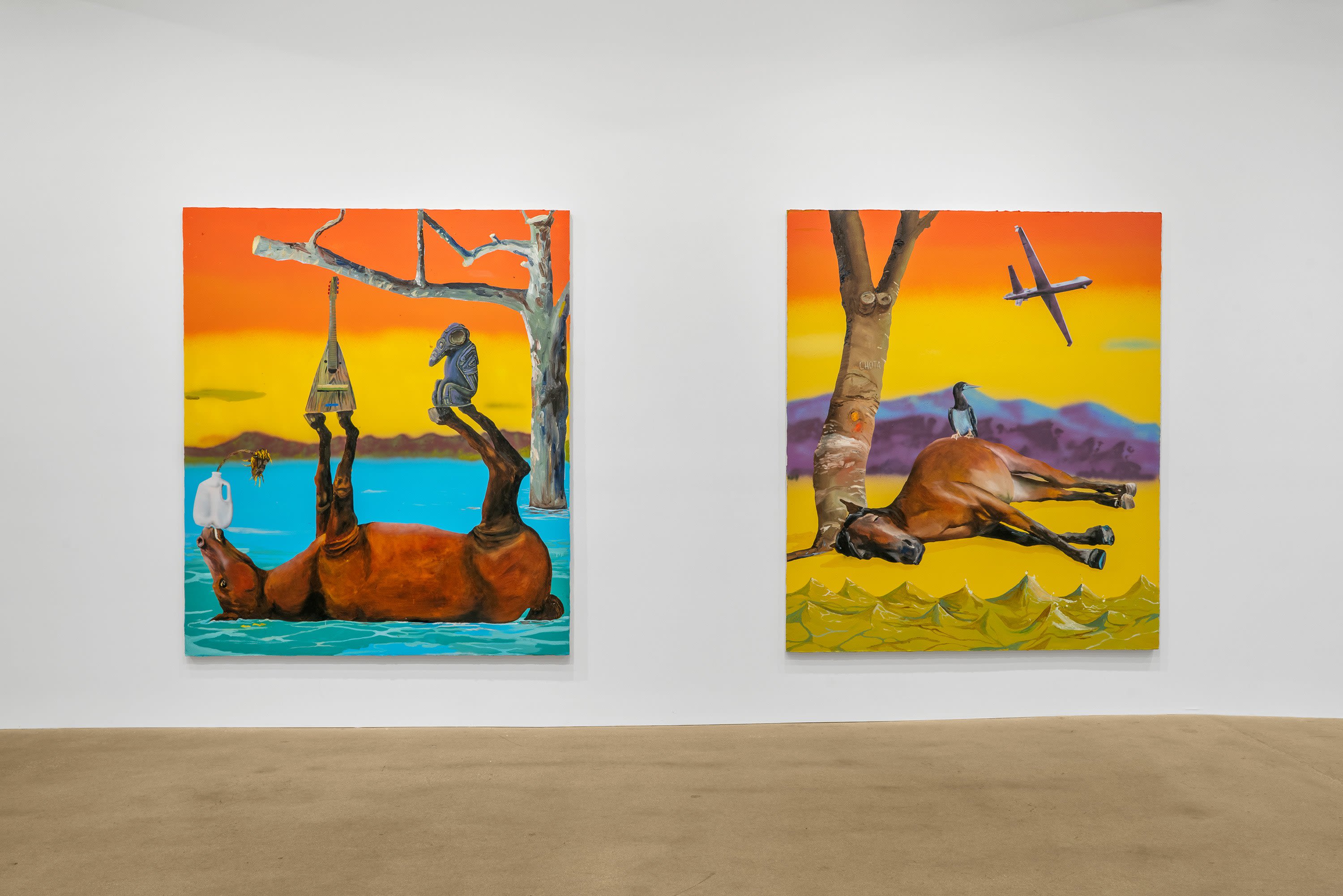 Two paintings featuring a brown horse