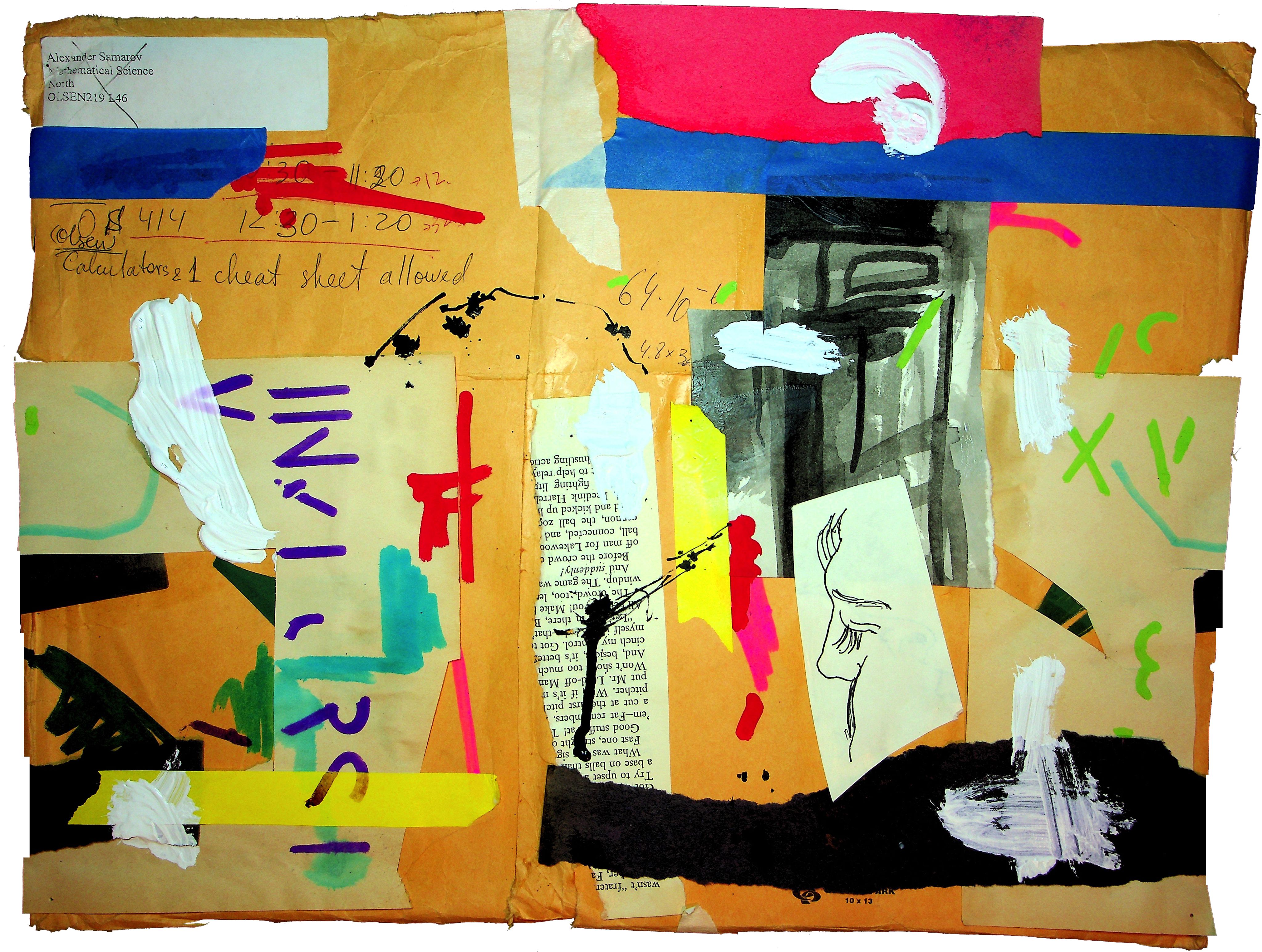A collage with text, paint, drawings.