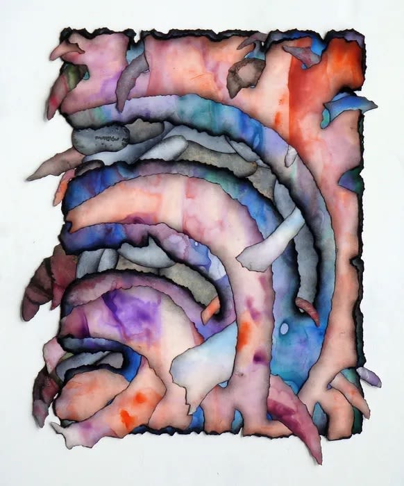 A painting of a fleshy shape in red, blue, purple, and grey