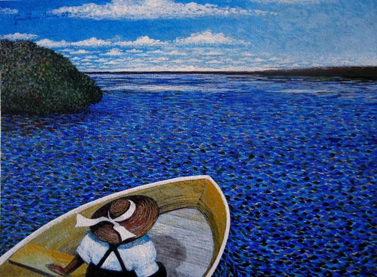 A painting of a figure in a hat sitting in a boat