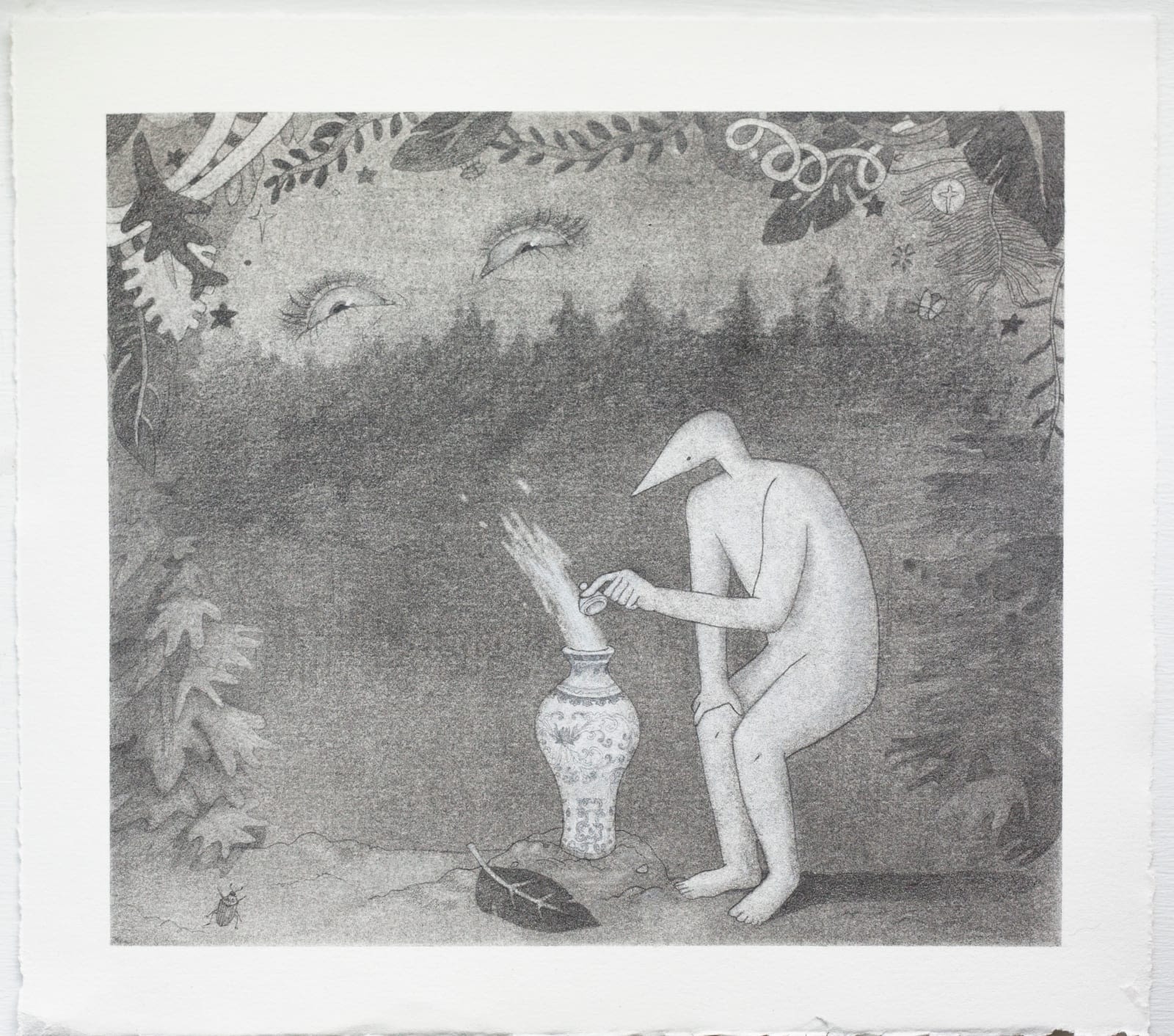 A black and white sketch of an inhuman figure next to a vase