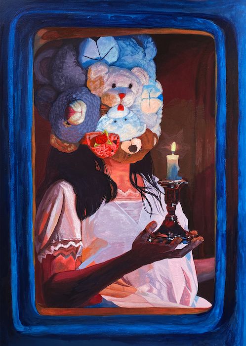 A figure holding a candlestick with stuffed animals for a head