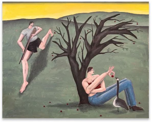 A painting of two figures by an apple tree