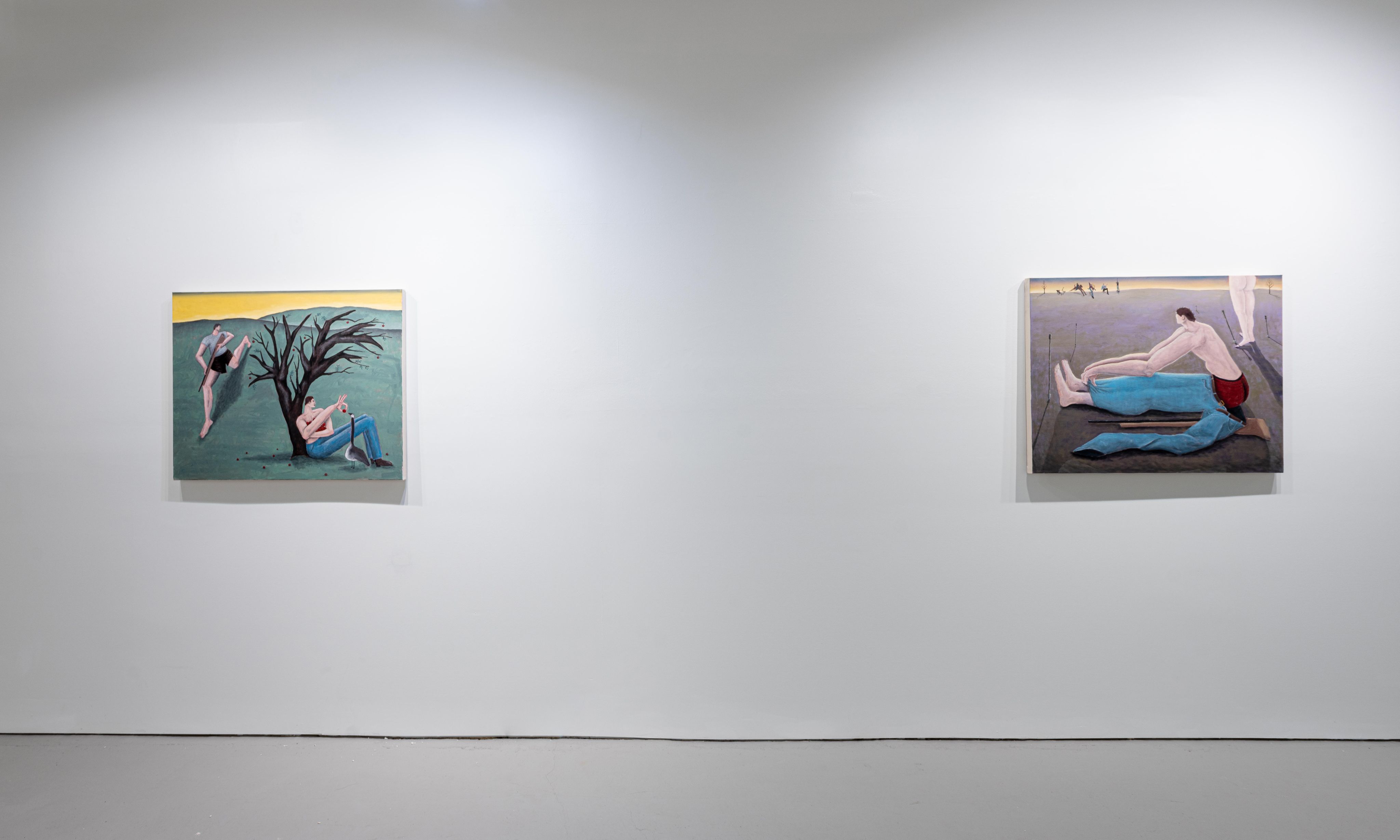 Two paintings of figures on a gallery wall