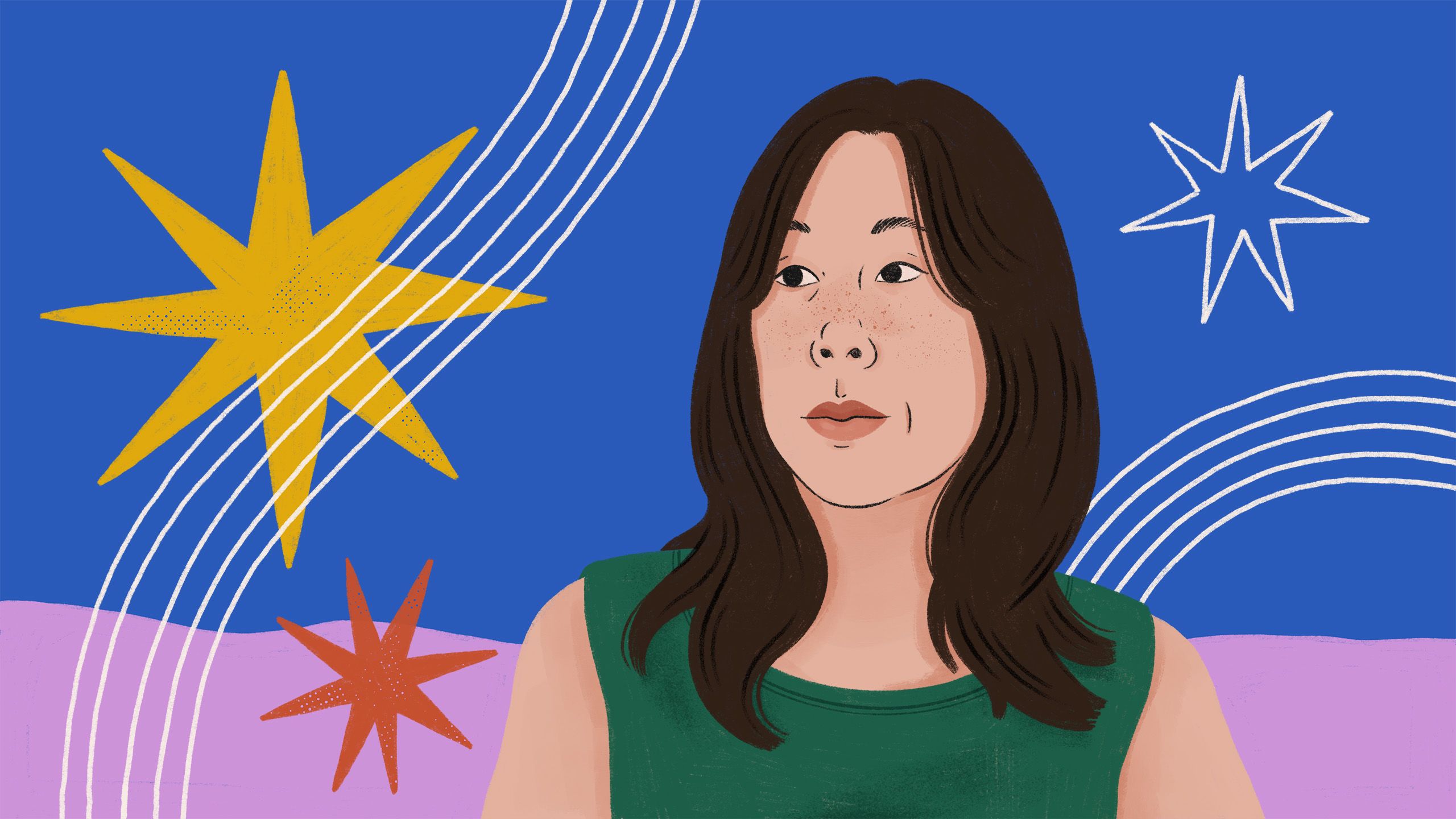 An illustration of a person on a blue and purple backdrop with star and wave shapes