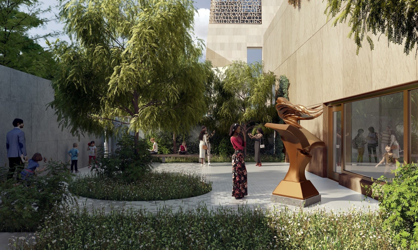 A rendering of the exterior of the presidential center. There are trees and greenery around the area, and to the right is Hunt’s golden sculpture of a bird flying out of an open book.