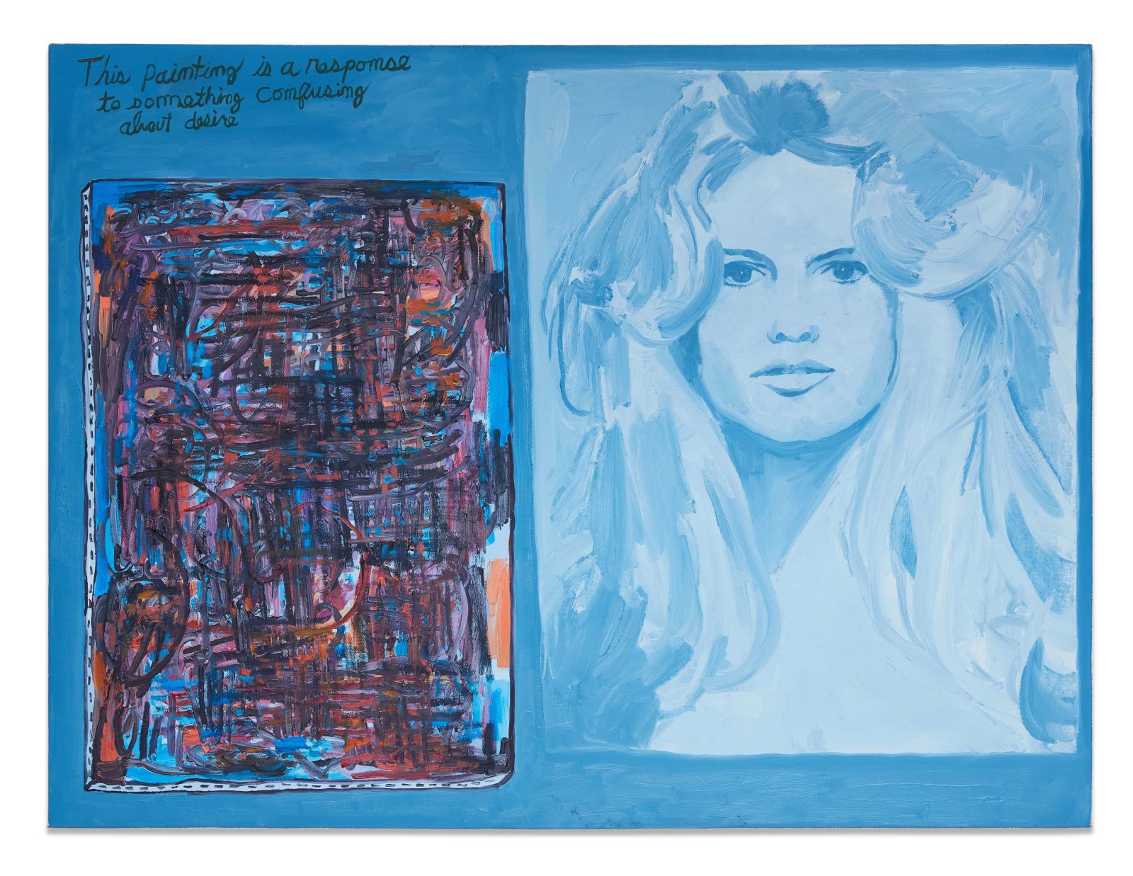 A painting of a female face and an abstract sketch in blue tones