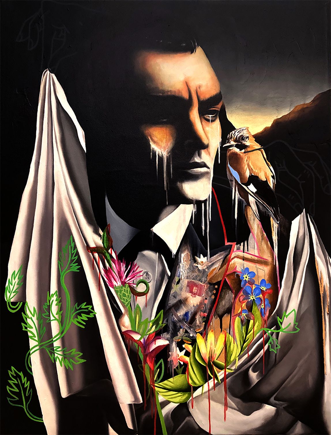 A painting of a man's face with white sheets and flowers surrounding him