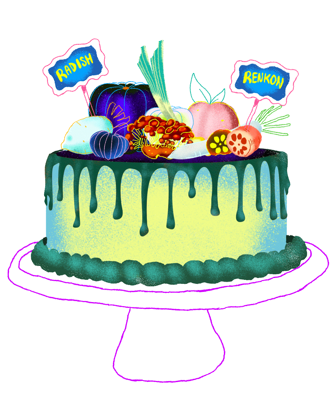Brightly colored illustration of a farmer's market-themed cake with fruits and vegetables