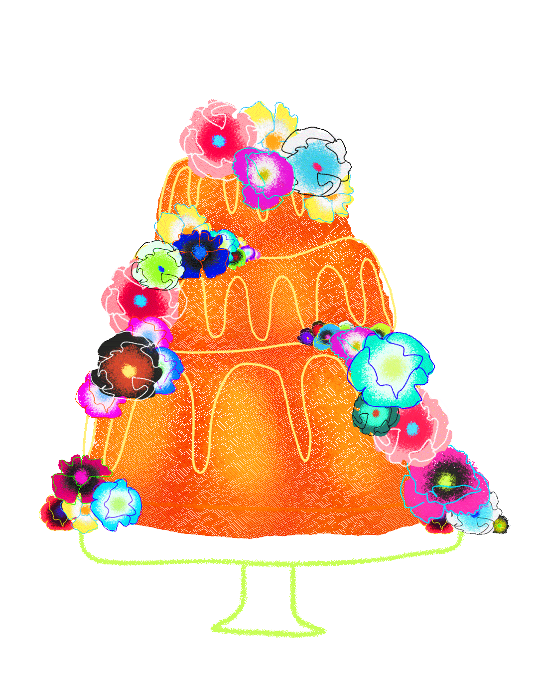 Brightly colored illustration of a cake adorned with neon flowers