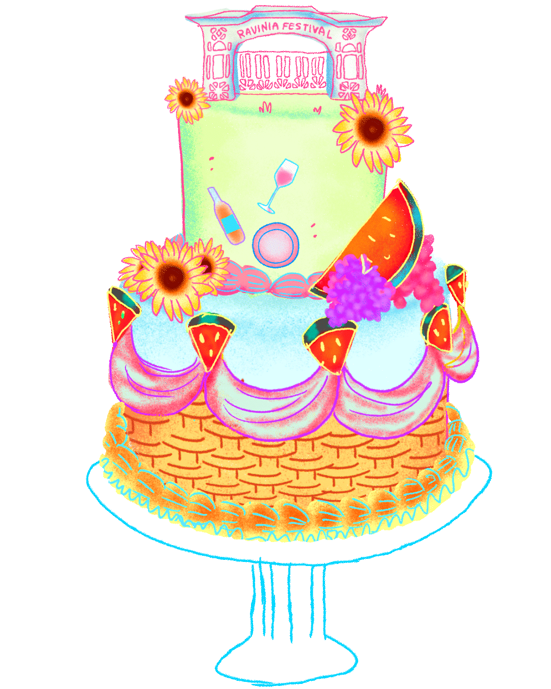 Brightly colored illustration of a picnic-themed cake with watermelons and wine glasses