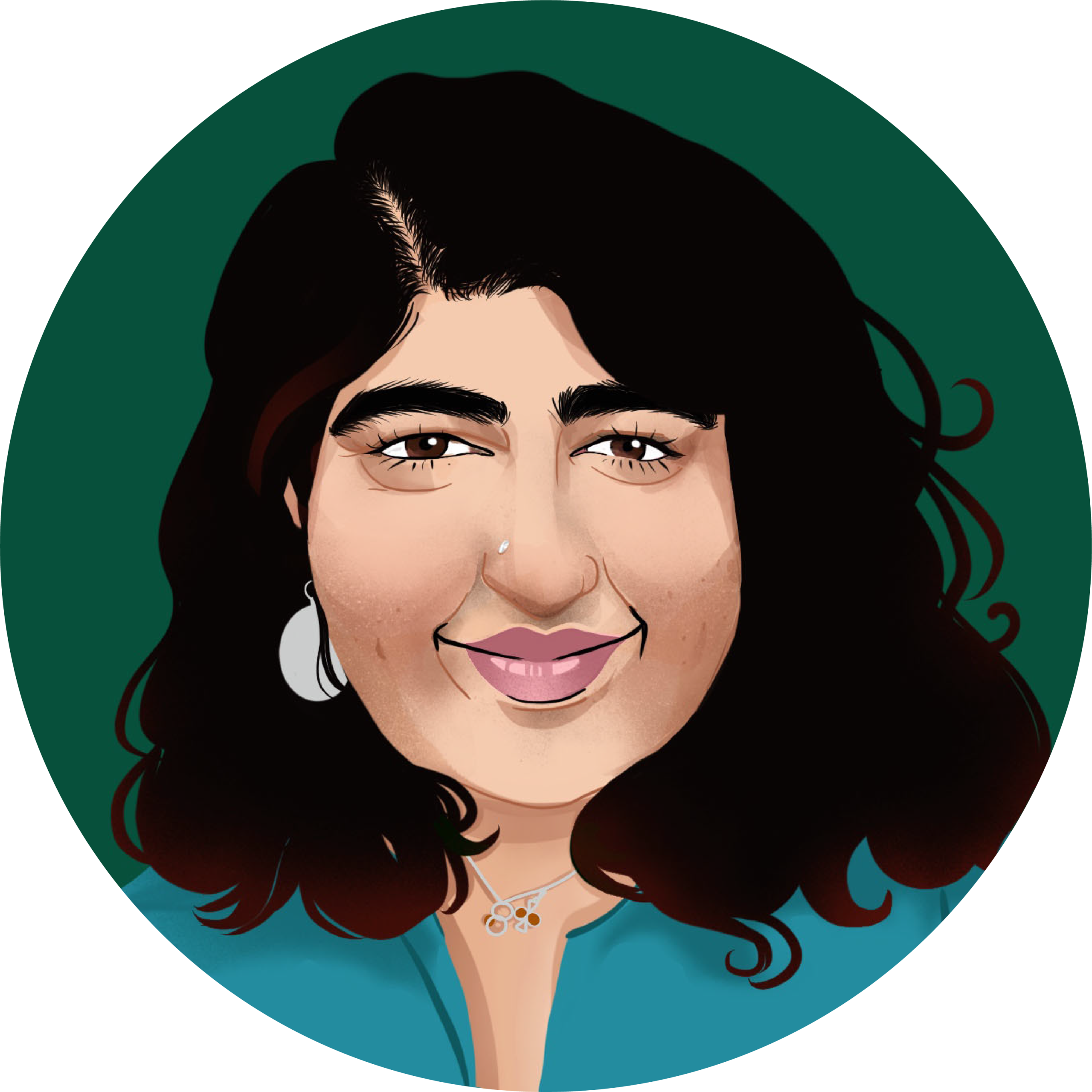 An illustration of a young Indian woman with dark hair and dark brown eyes, wearing a light blue shirt, a necklace, and one visible circular earring
