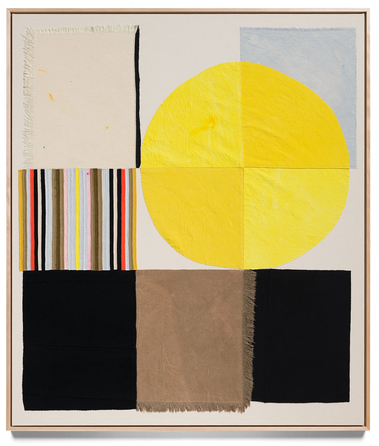 A large-scale painting by Diana Guerrero-Maciá. A large yellow circle is featured in the top right corner. Below are two black rectangles and a brown fabric rectangle. Various colored stripes are next to the circle.